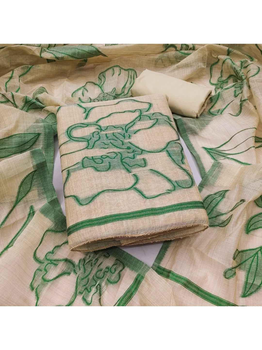 Graceful Cream & Green Chanderi Cotton Suit Fabric with Floral Printed Dupatta - Image 4