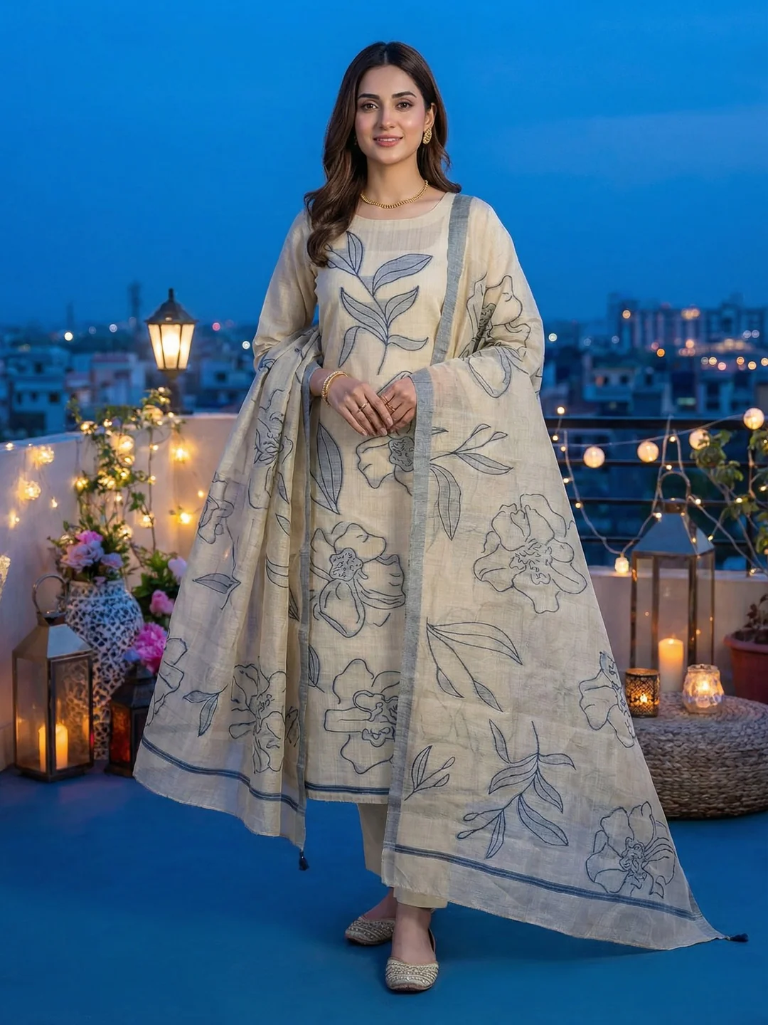 Graceful Cream & Grey Chanderi Cotton Suit Fabric with Floral Printed Dupatta