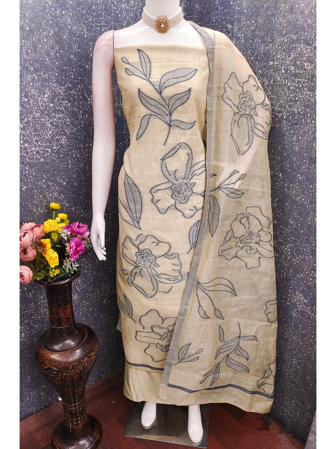 Graceful Cream & Grey Chanderi Cotton Suit Fabric with Floral Printed Dupatta - Image 3