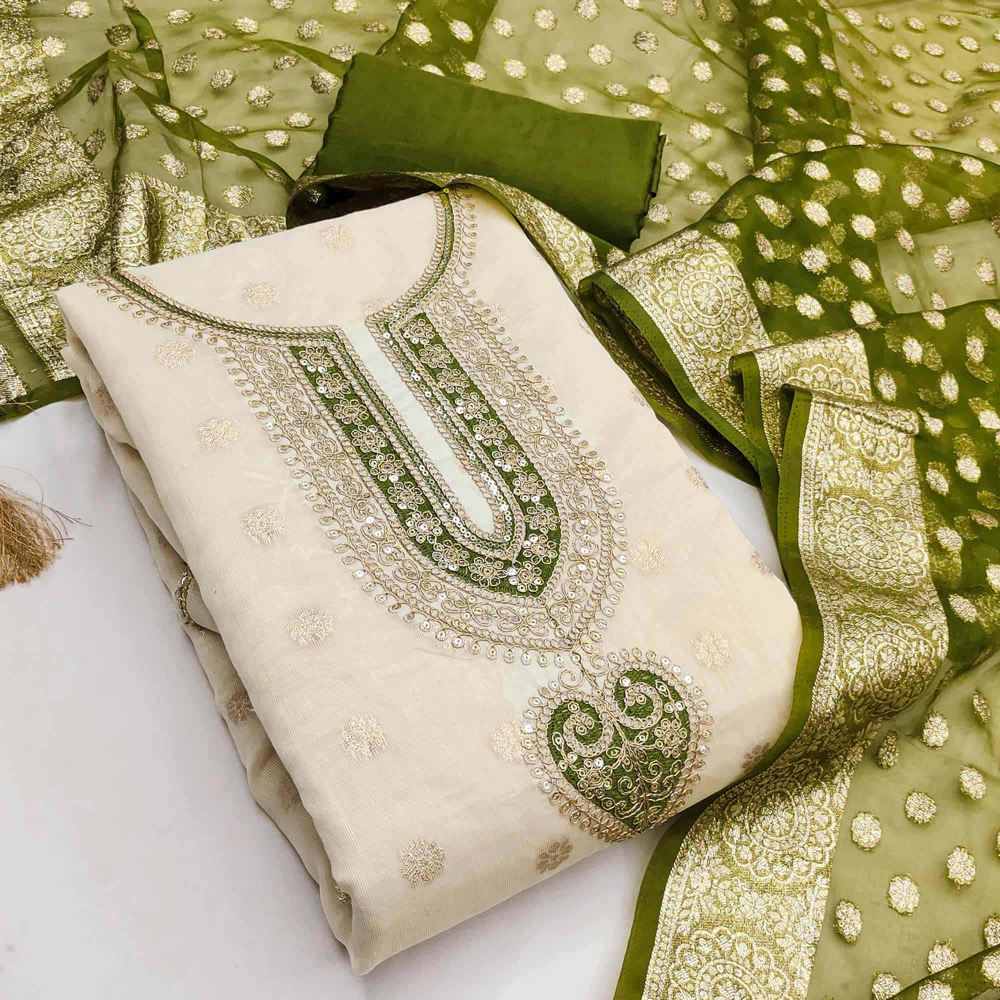 Graceful Cream & Mehendi Butti Weaving Shimmer Dress Material Adorned With Cording Embroidery Work - Image 3