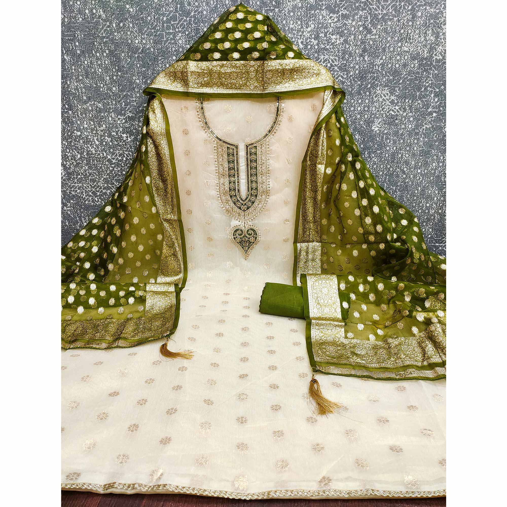 Graceful Cream & Mehendi Butti Weaving Shimmer Dress Material Adorned With Cording Embroidery Work - Image 4