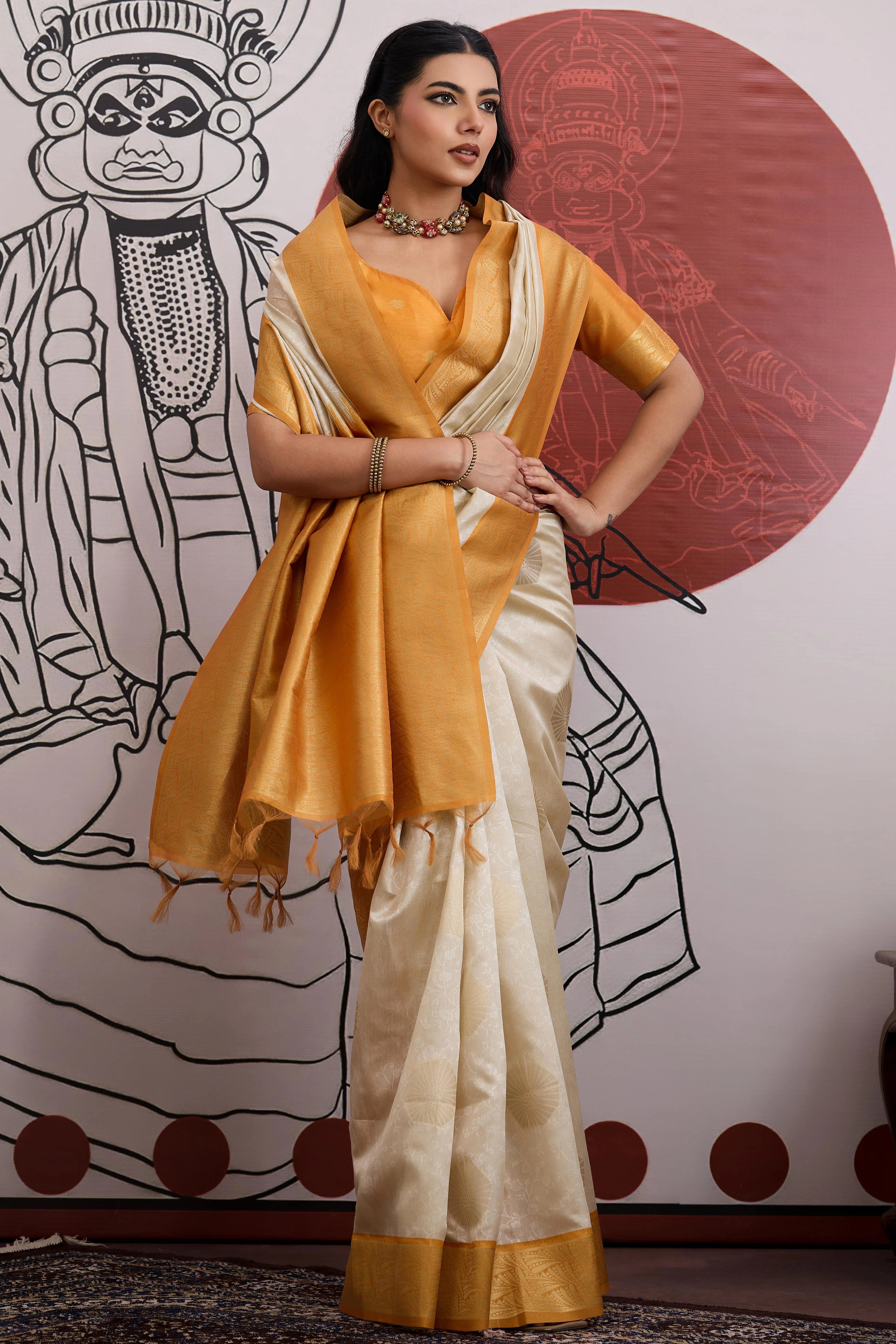 Graceful Cream & Mustard Zari Weaving Silk Saree Highlighted By Decorative Tassel Pallu - Image 3