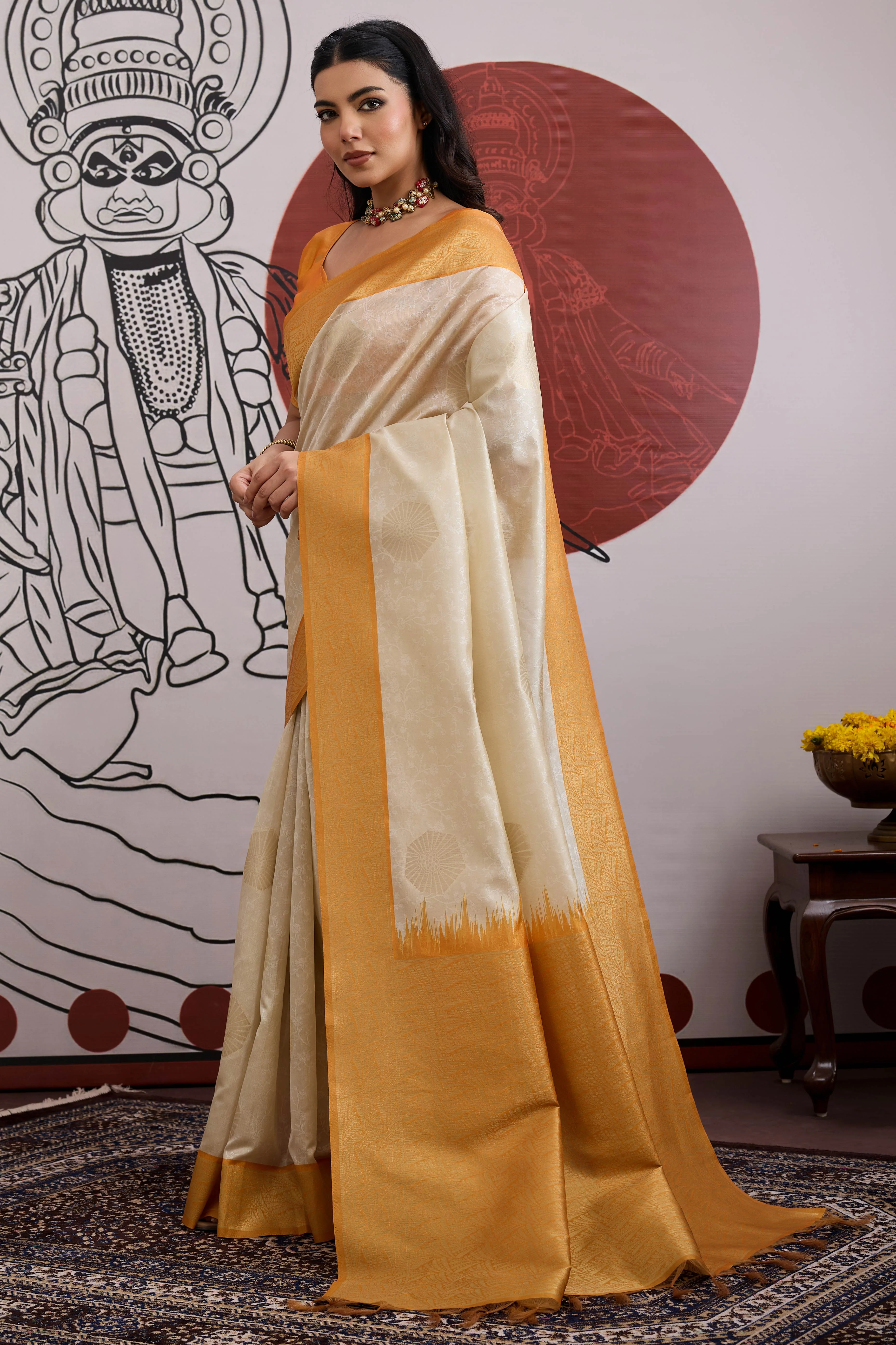 Graceful Cream & Mustard Zari Weaving Silk Saree Highlighted By Decorative Tassel Pallu - Image 4