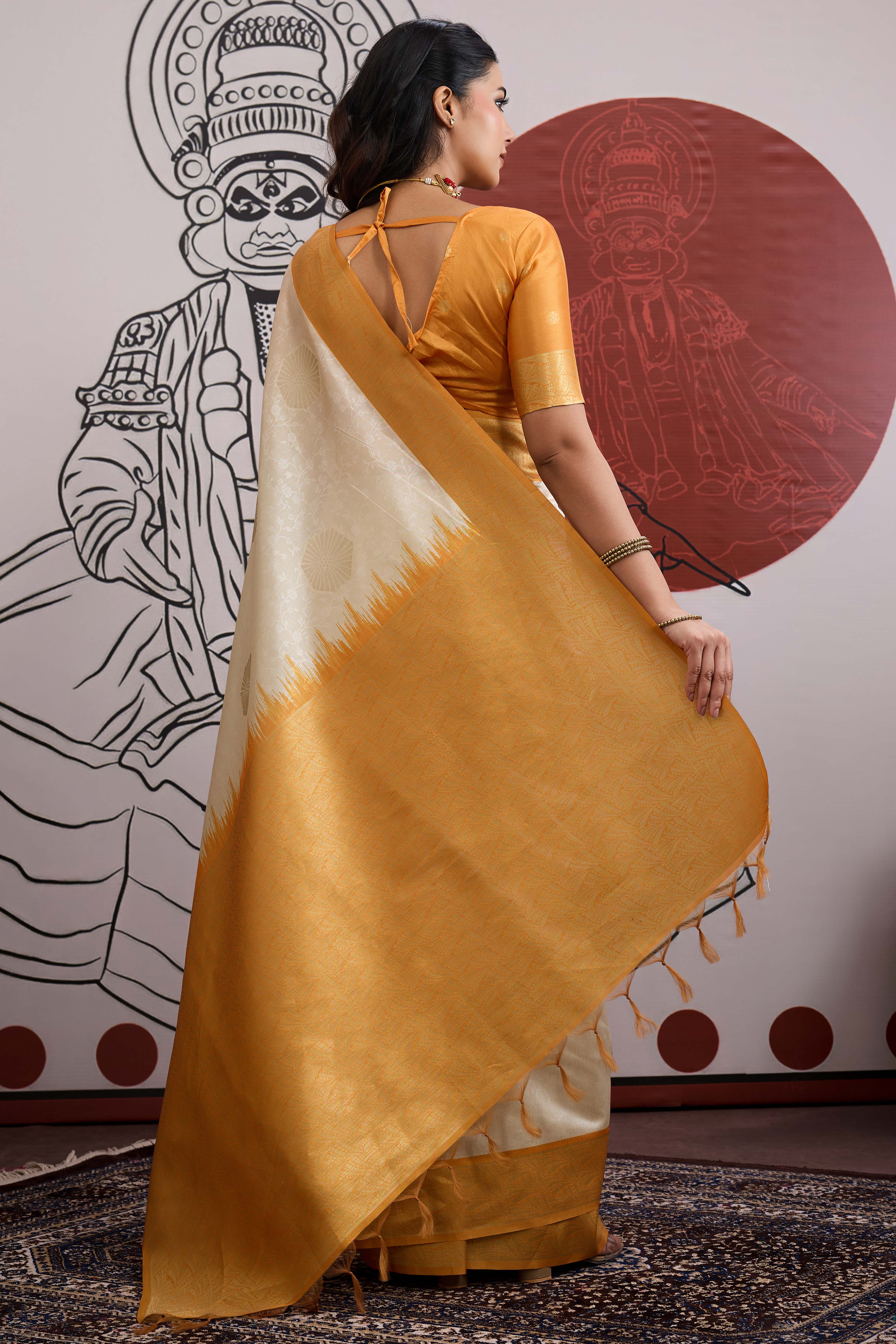 Graceful Cream & Mustard Zari Weaving Silk Saree Highlighted By Decorative Tassel Pallu - Image 5