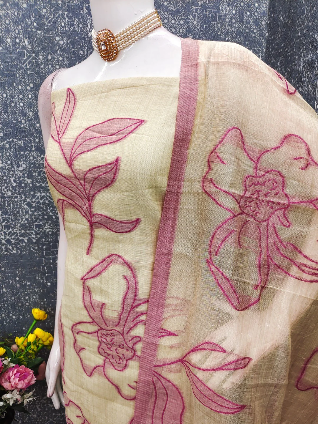 Graceful Cream & Pink Chanderi Cotton Suit Fabric with Floral Printed Dupatta - Image 4