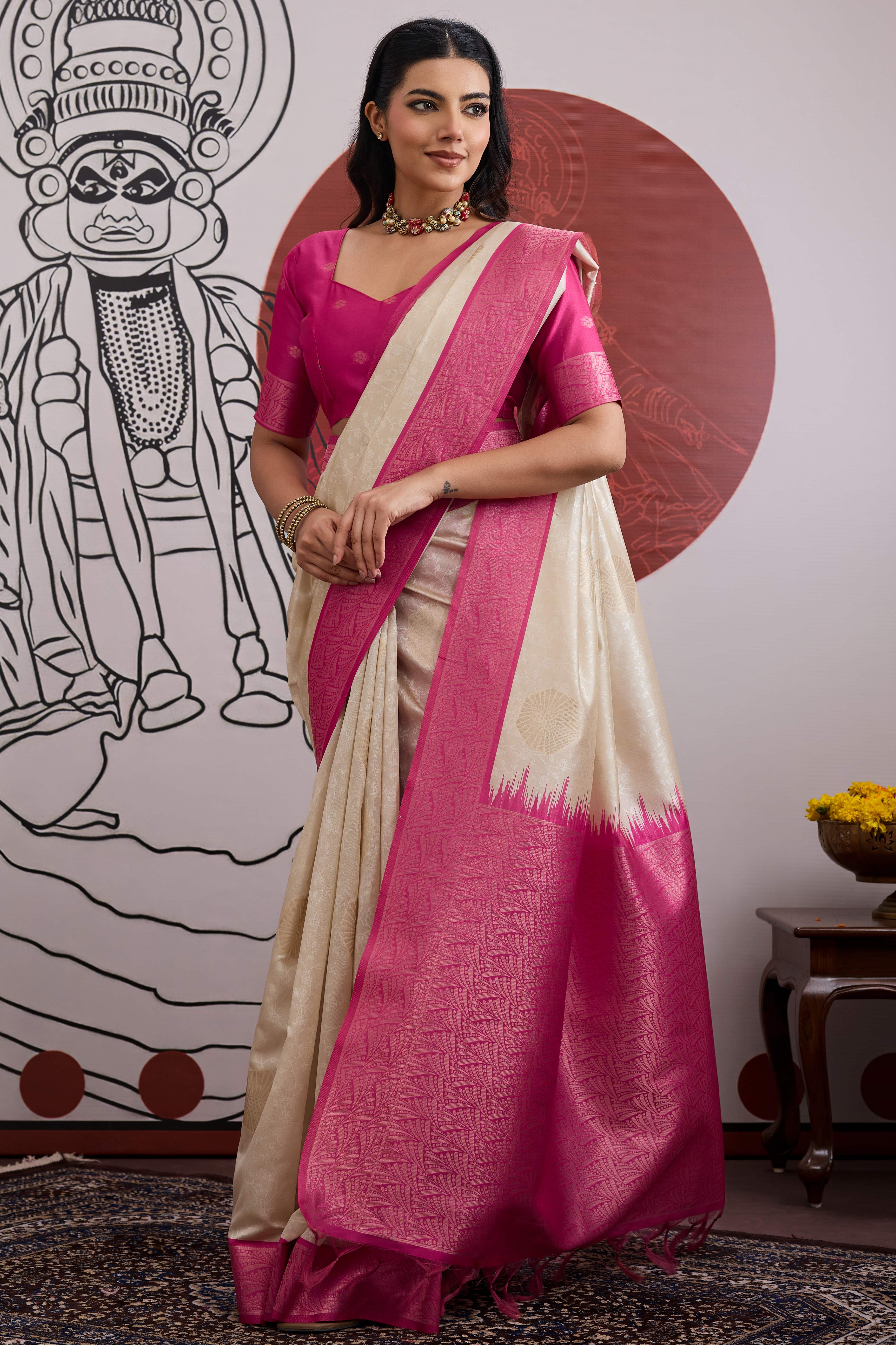 Graceful Cream & Pink Zari Weaving Silk Saree Highlighted By Decorative Tassel Pallu - Image 3
