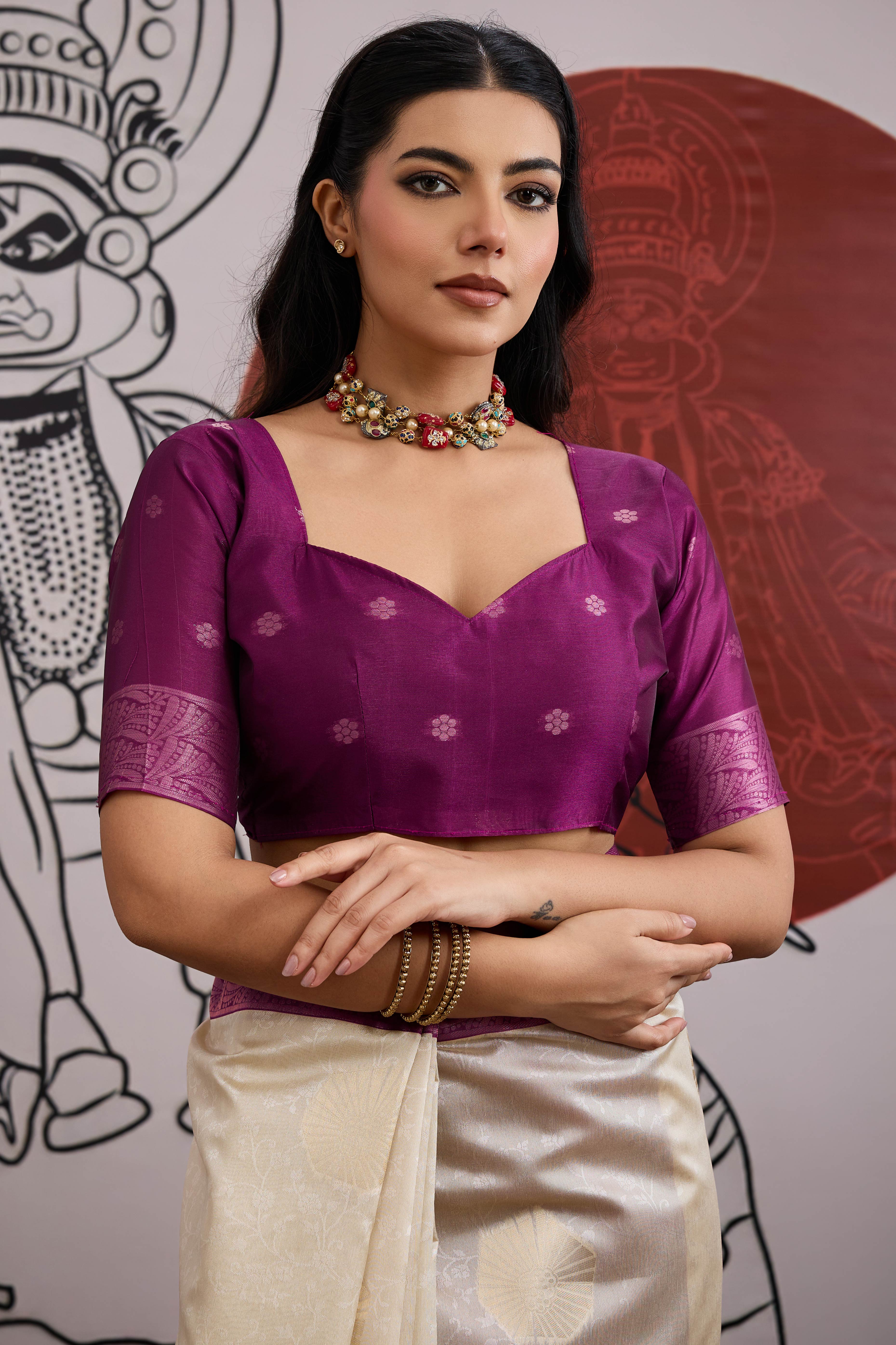 Graceful Cream & Purple Zari Weaving Silk Saree Highlighted By Decorative Tassel Pallu - Image 7