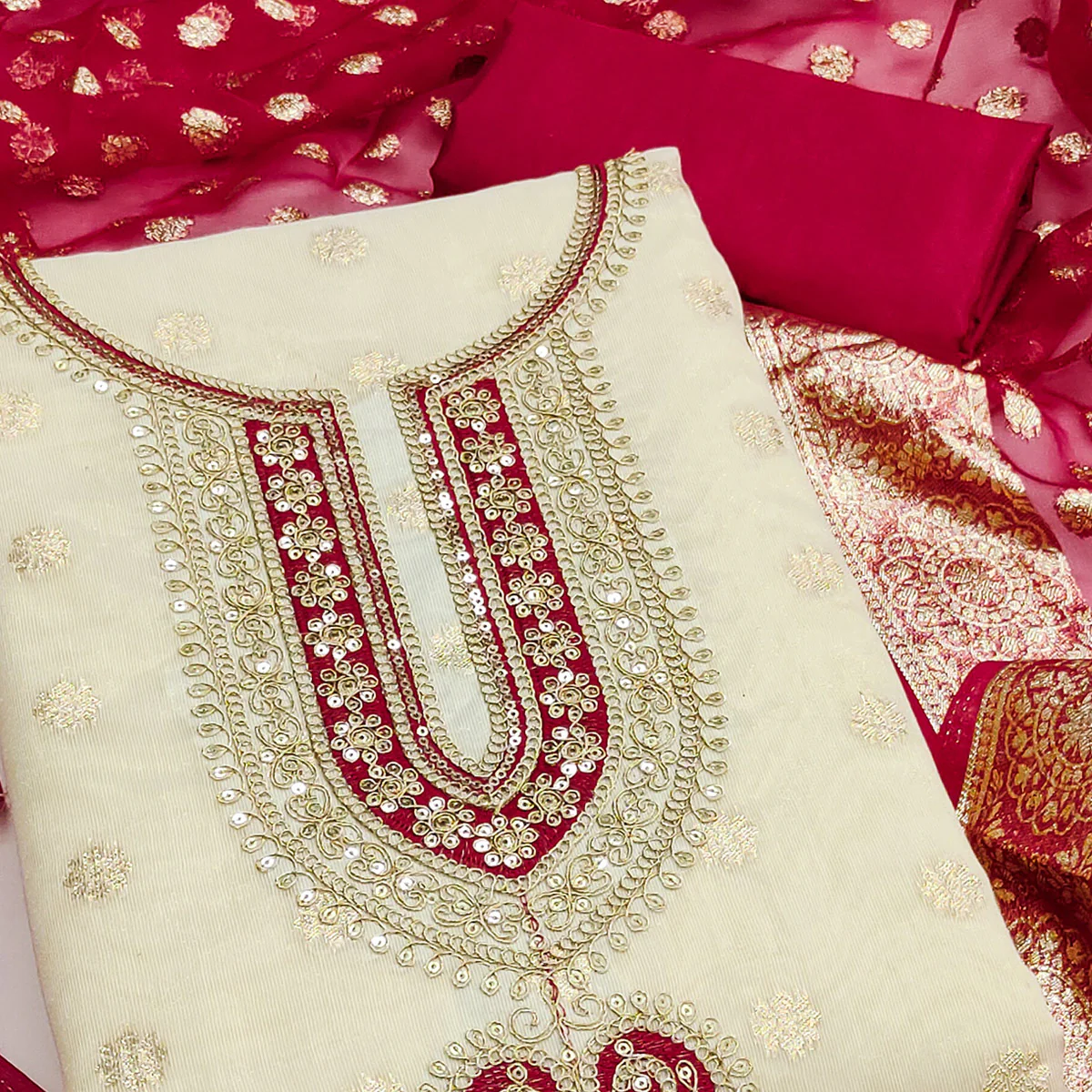 Graceful Cream & Red Butti Weaving Shimmer Dress Material Adorned With Cording Embroidery Work - Image 2