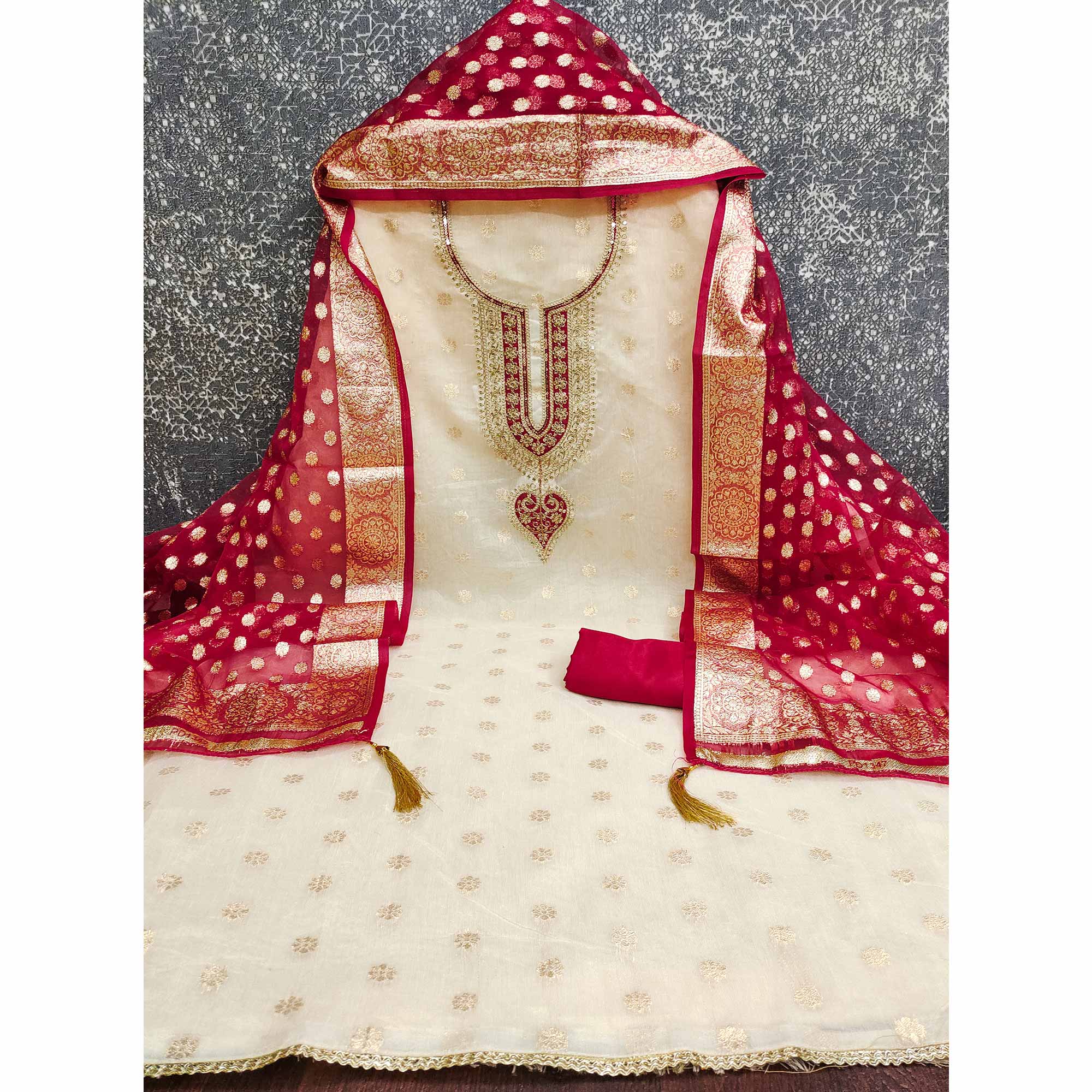 Graceful Cream & Red Butti Weaving Shimmer Dress Material Adorned With Cording Embroidery Work - Image 4