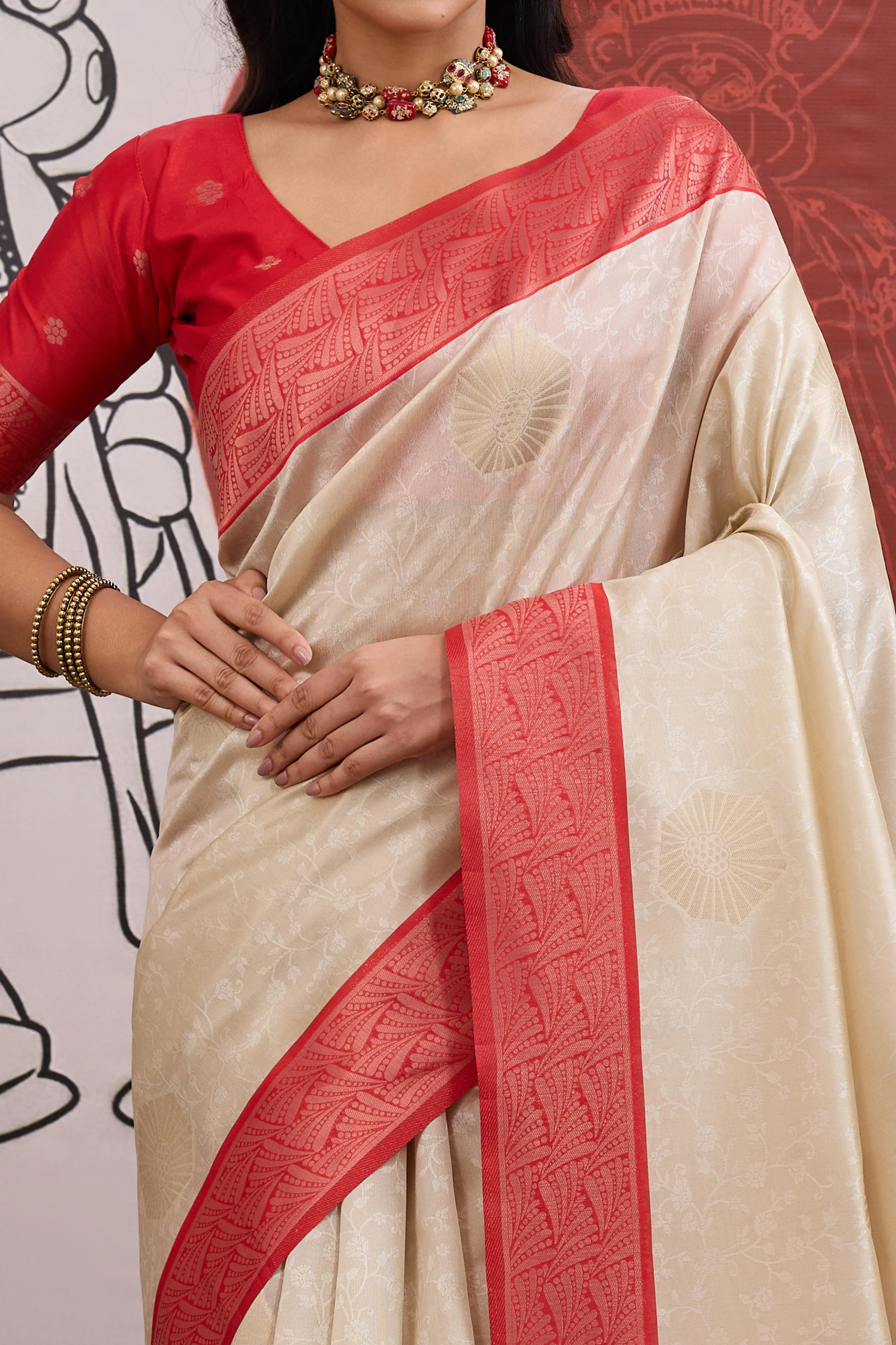 Graceful Cream & Red Zari Weaving Silk Saree Highlighted By Decorative Tassel Pallu - Image 2