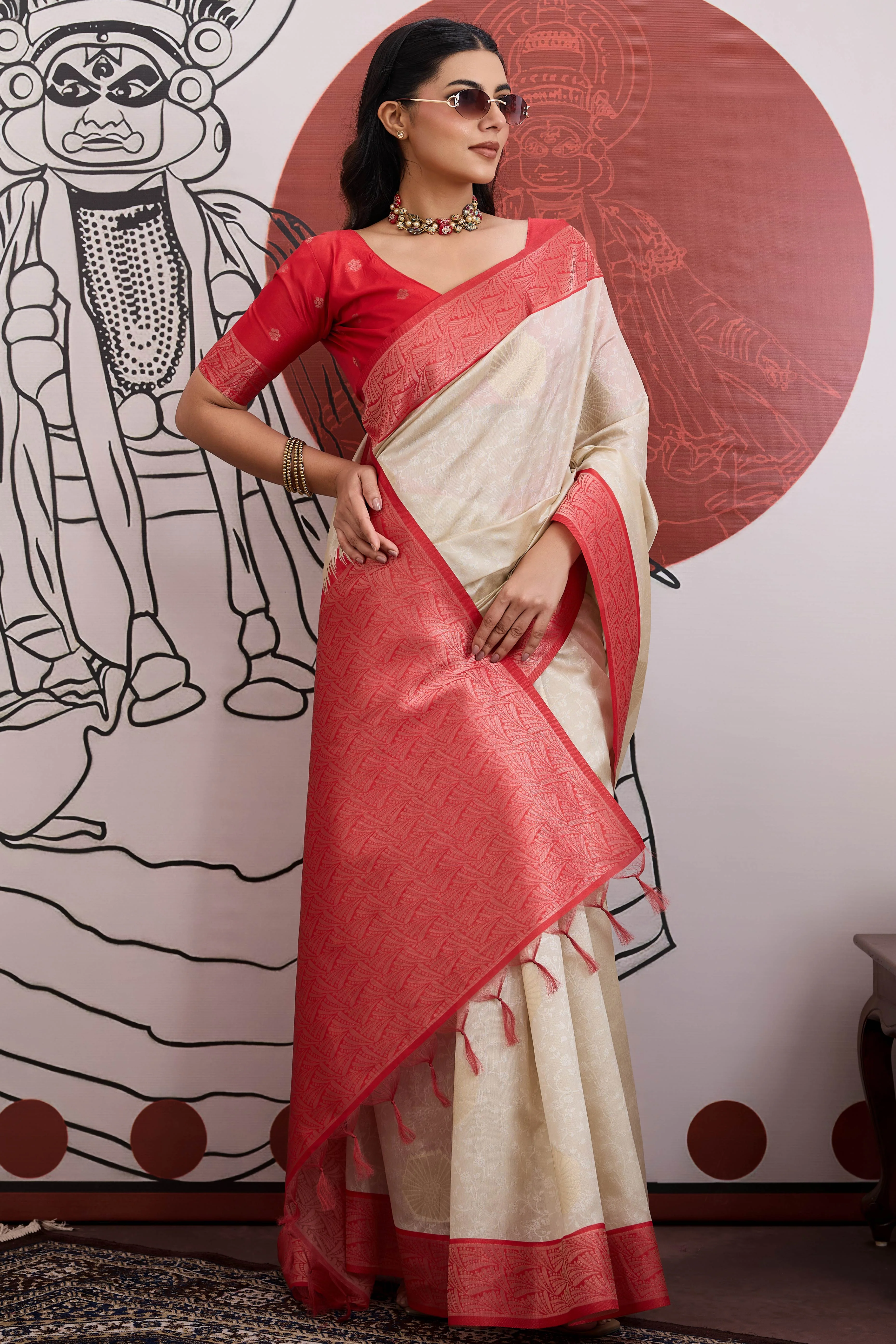 Graceful Cream & Red Zari Weaving Silk Saree Highlighted By Decorative Tassel Pallu - Image 4