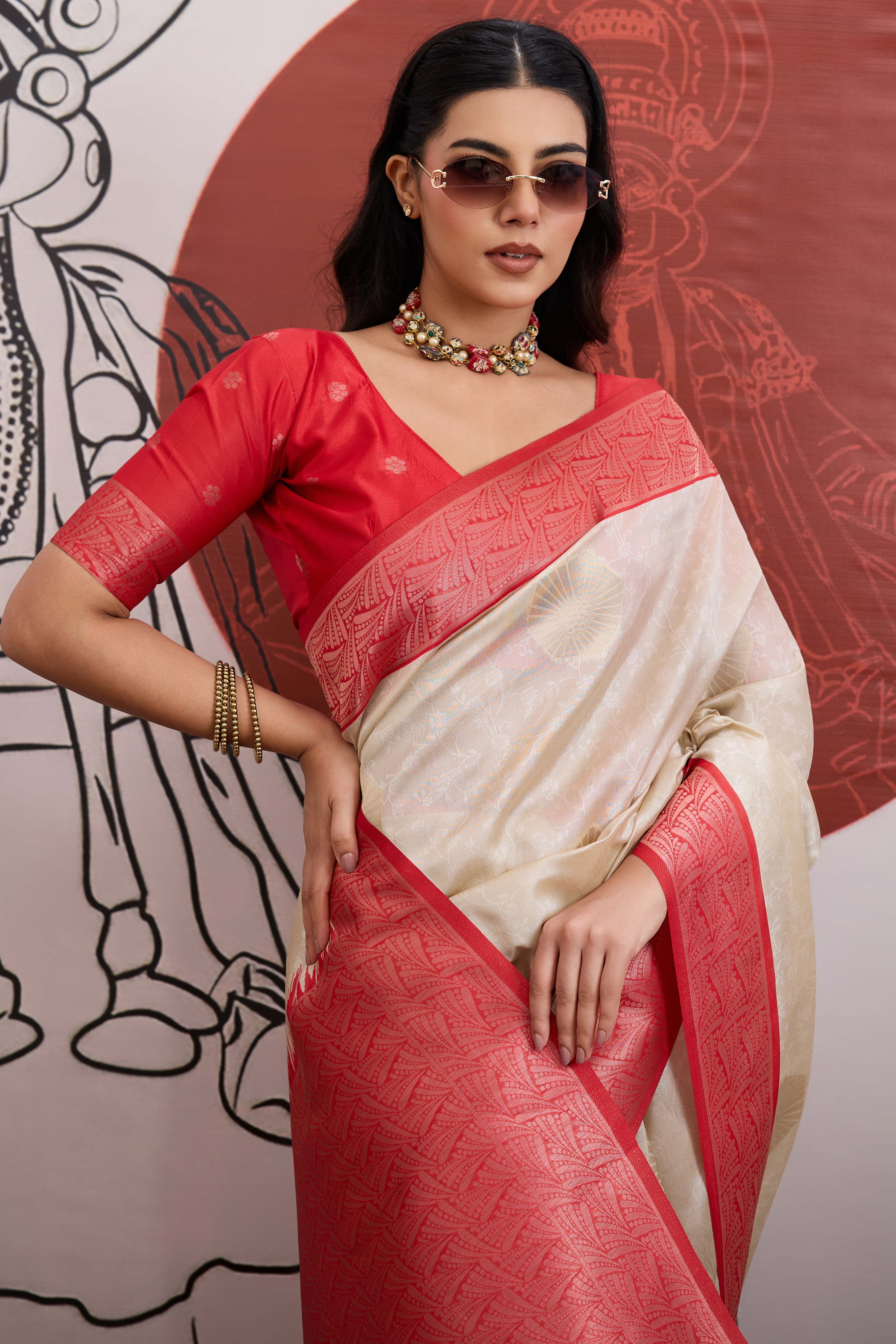 Graceful Cream & Red Zari Weaving Silk Saree Highlighted By Decorative Tassel Pallu - Image 6