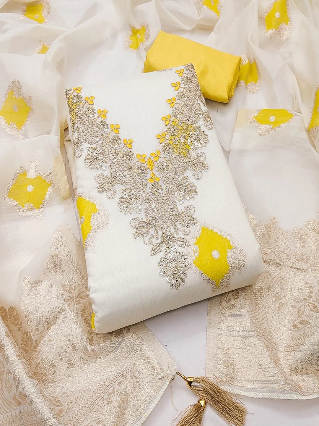Graceful Cream & Yellow Floral Woven With Sequins Cording Embroidery Mulmul Cotton Dress Material - Image 4