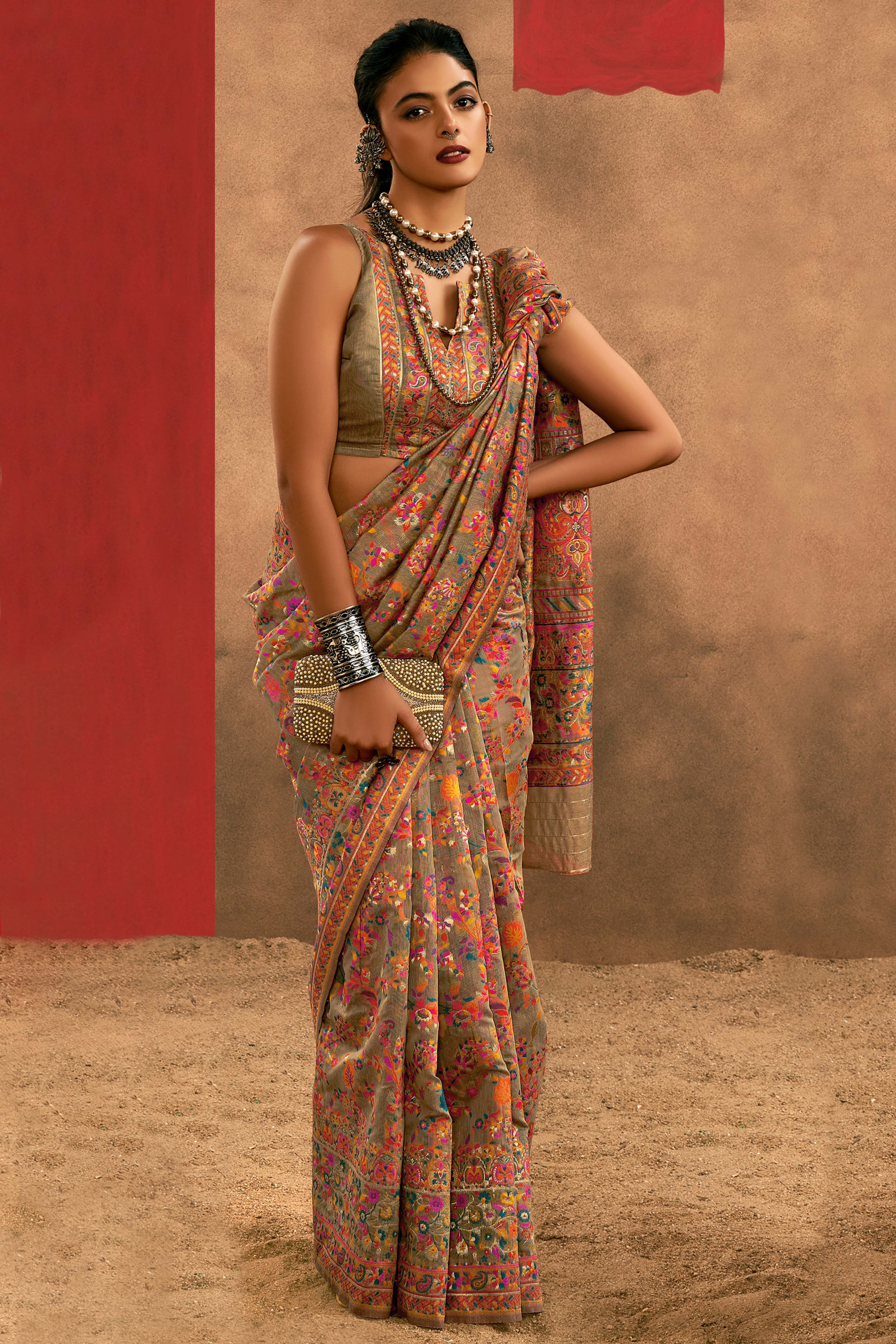 Graceful Dark Chikoo Floral Weaving Pashmina Modal Cotton Blend Saree With Timeless Appeal - Image 3