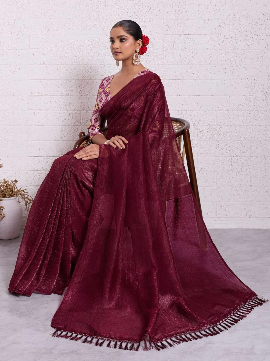 Graceful Dark Maroon Solid Pure Crunchy Saree Accented With Fine Tassel Pallu - Image 6