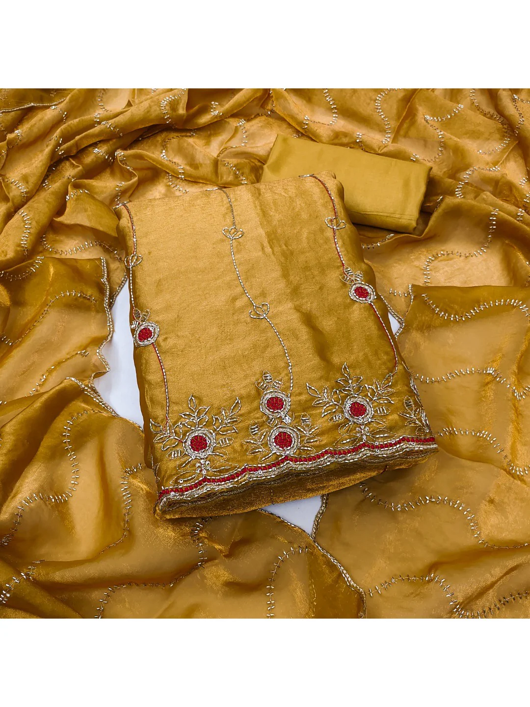 Graceful Dark Mustard Floral Beads Embroidery Work Fendy Silk Blend Dress Material - Image 3