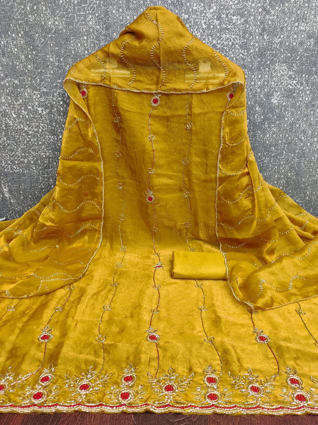 Graceful Dark Mustard Floral Beads Embroidery Work Fendy Silk Blend Dress Material - Image 4