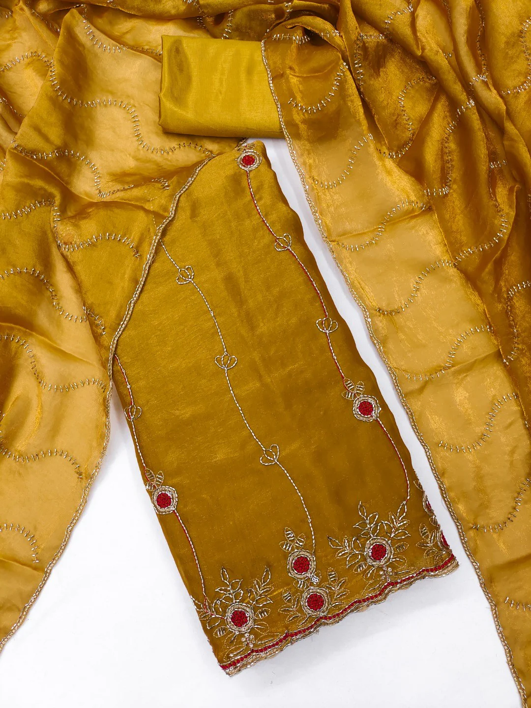 Graceful Dark Mustard Floral Beads Embroidery Work Fendy Silk Blend Dress Material - Image 5