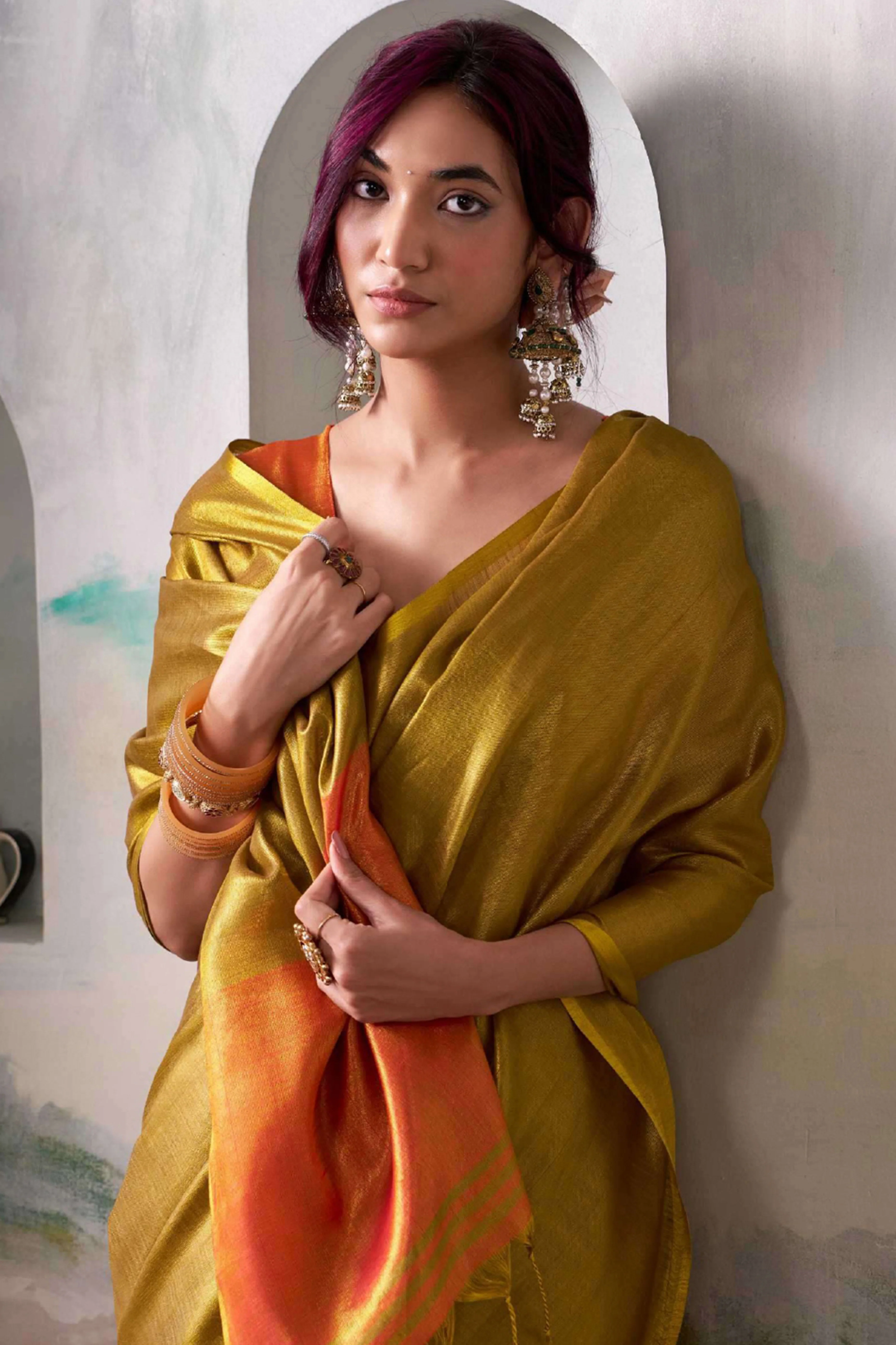 Graceful Dark Mustard Tissue Silk Blend Saree Adorned with Intricate Zari Weaving & Tassel Pallu - Image 3