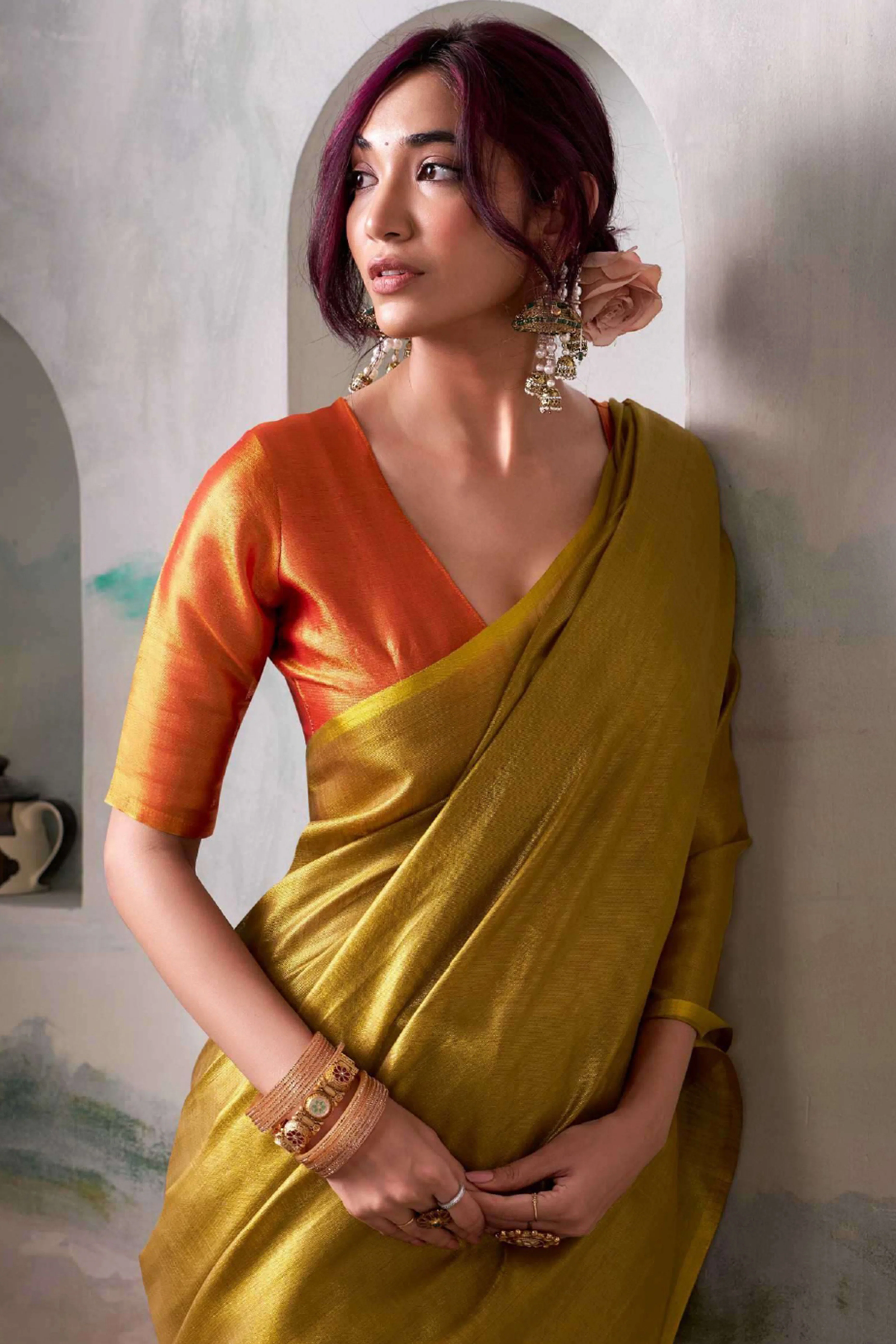 Graceful Dark Mustard Tissue Silk Blend Saree Adorned with Intricate Zari Weaving & Tassel Pallu - Image 4