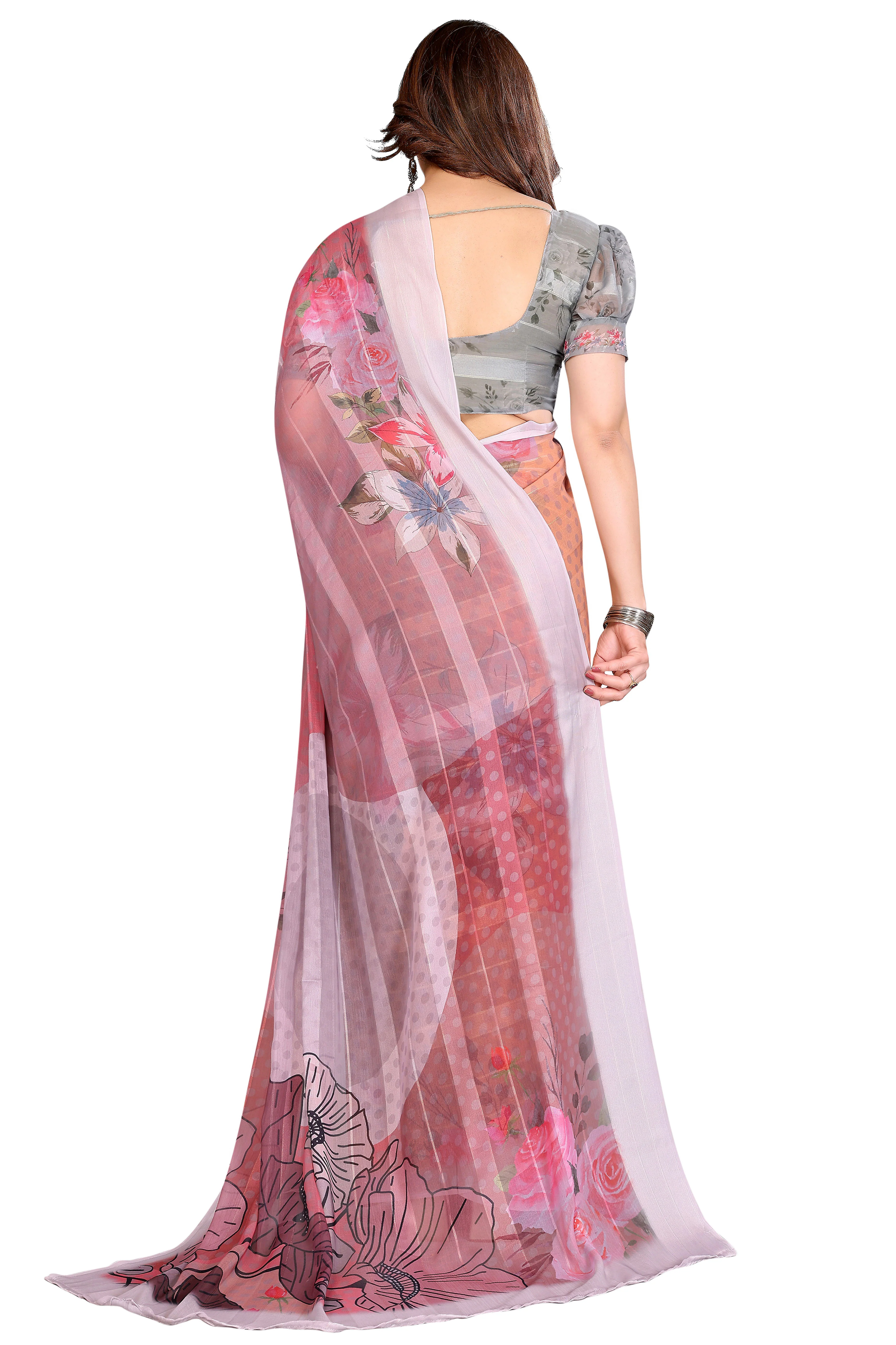 Graceful Dusty Peach Floral Digital Print Georgette Saree Featuring Zari Work & Vibrant Striped - Image 5
