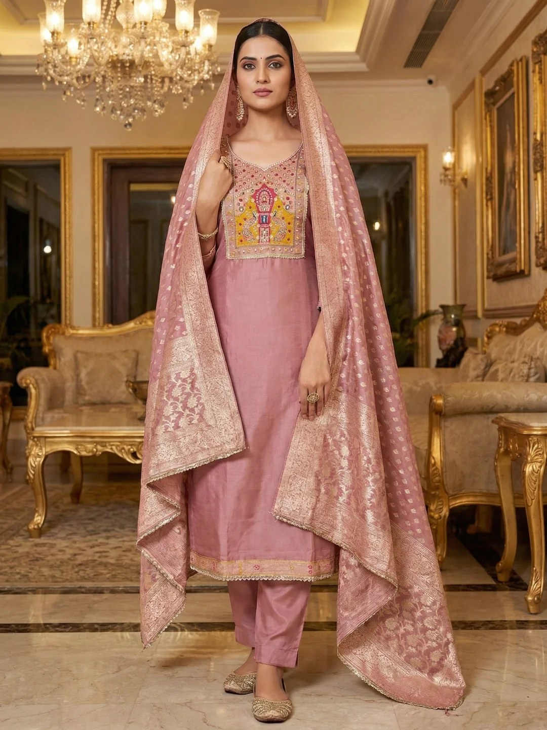 Graceful Dusty Rose Pink Peacock Motif Cotton Silk Dress Material With Beads & Moti Handwork