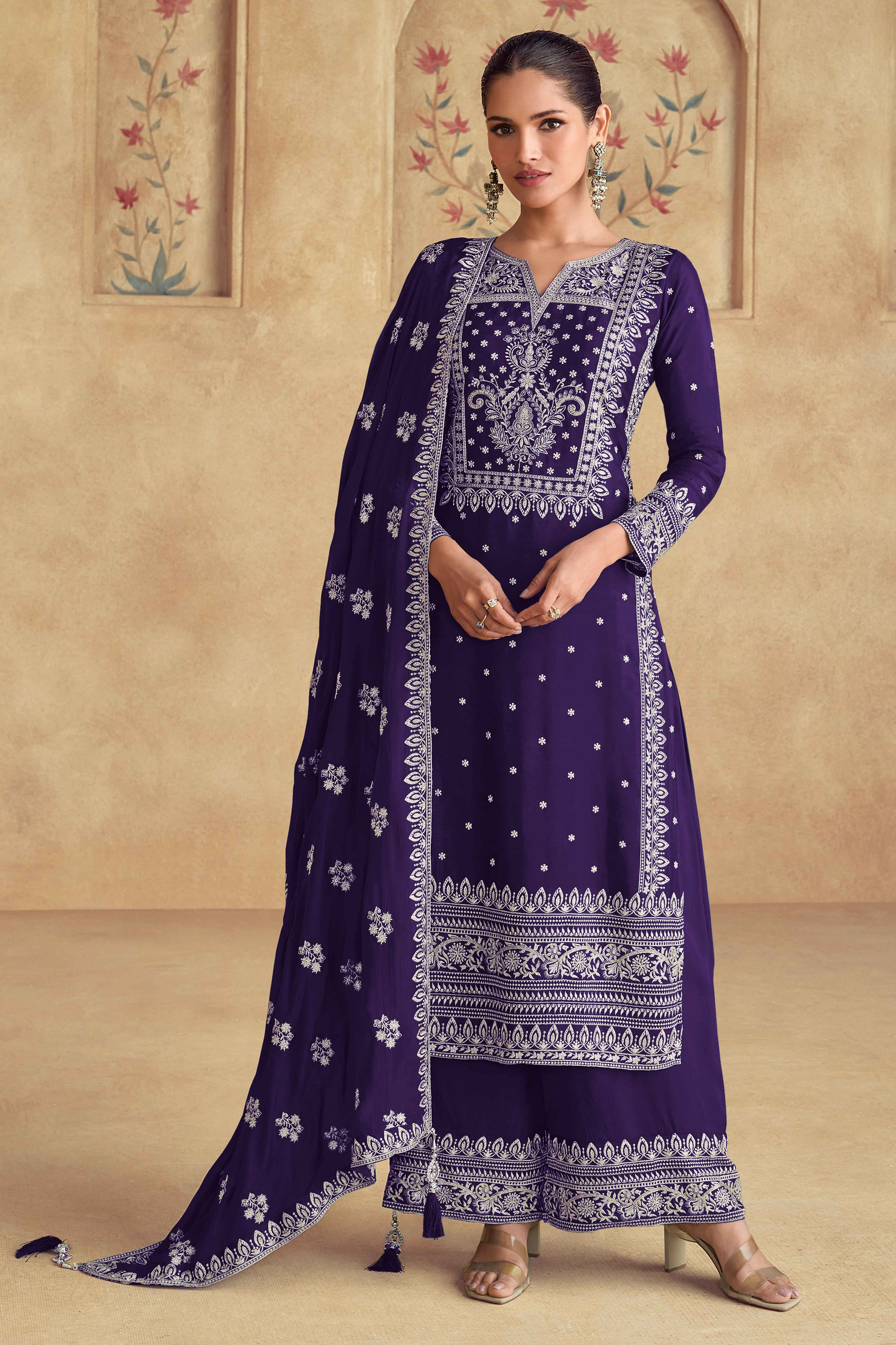 Graceful Emerald Violet Semi-Stitched Georgette Suit With Dazzling Floral Sequin Work