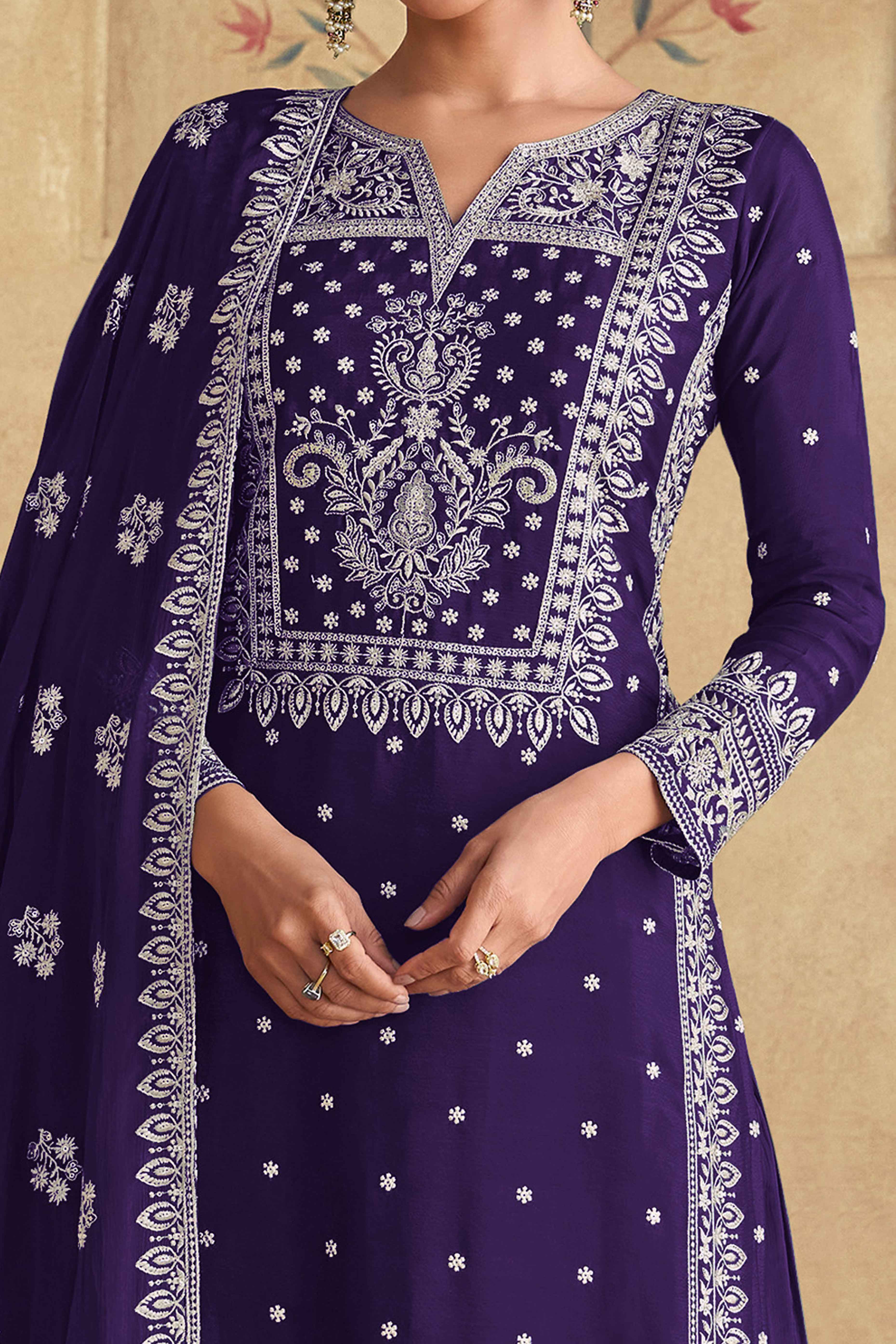 Graceful Emerald Violet Semi-Stitched Georgette Suit With Dazzling Floral Sequin Work - Image 2