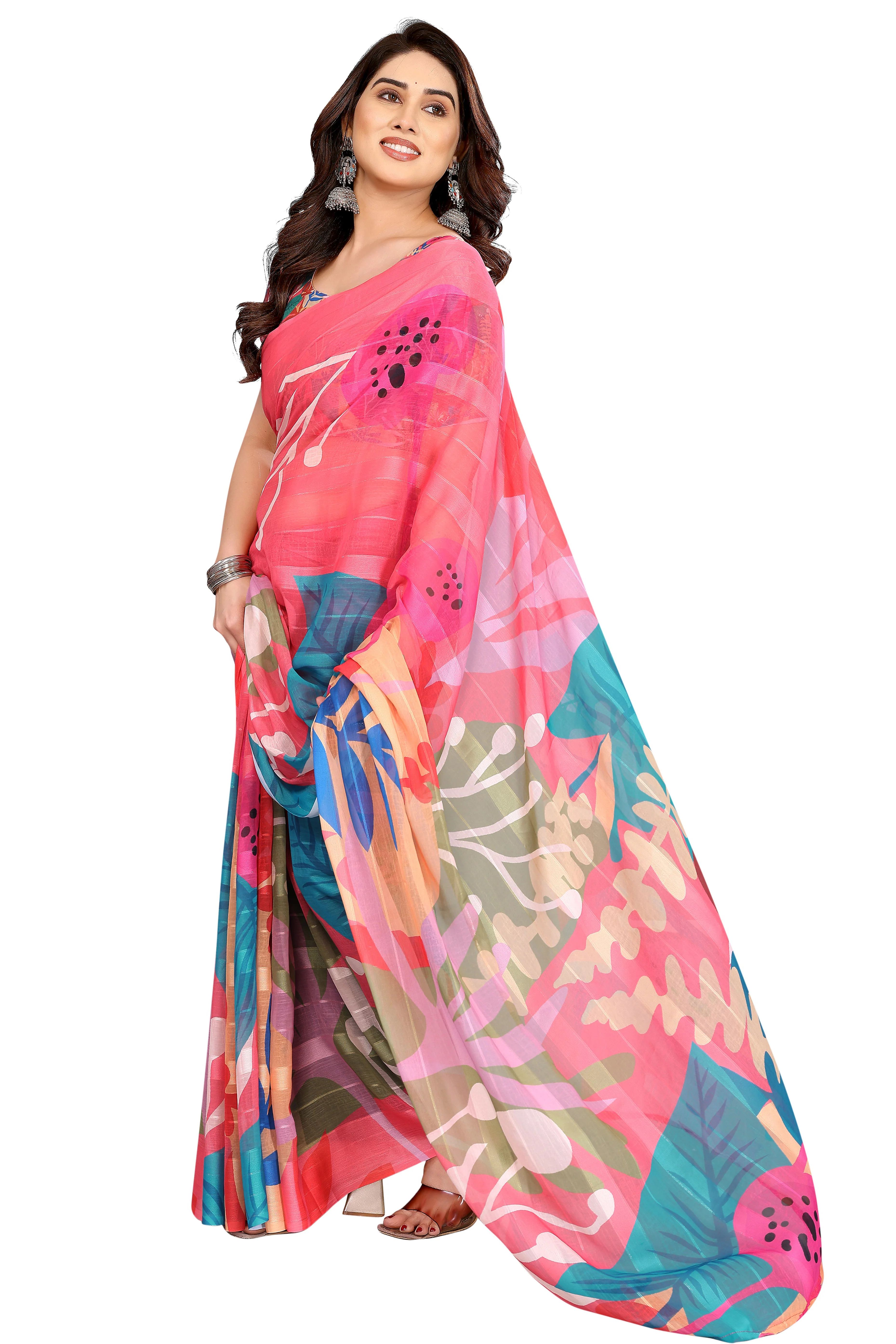 Graceful Gajari Pink Floral Digital Print Georgette Saree Featuring Zari Work & Vibrant Striped - Image 3