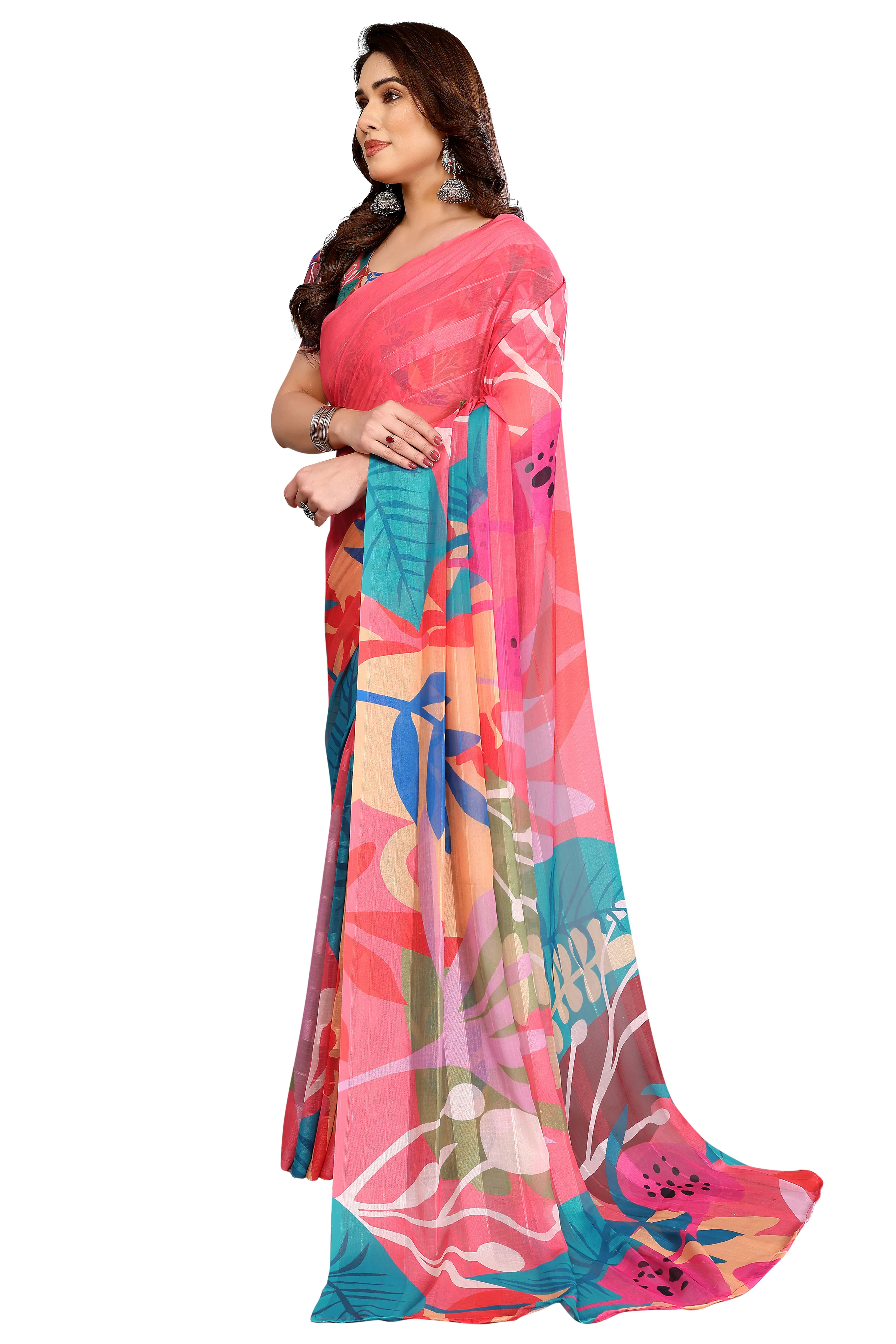 Graceful Gajari Pink Floral Digital Print Georgette Saree Featuring Zari Work & Vibrant Striped - Image 4