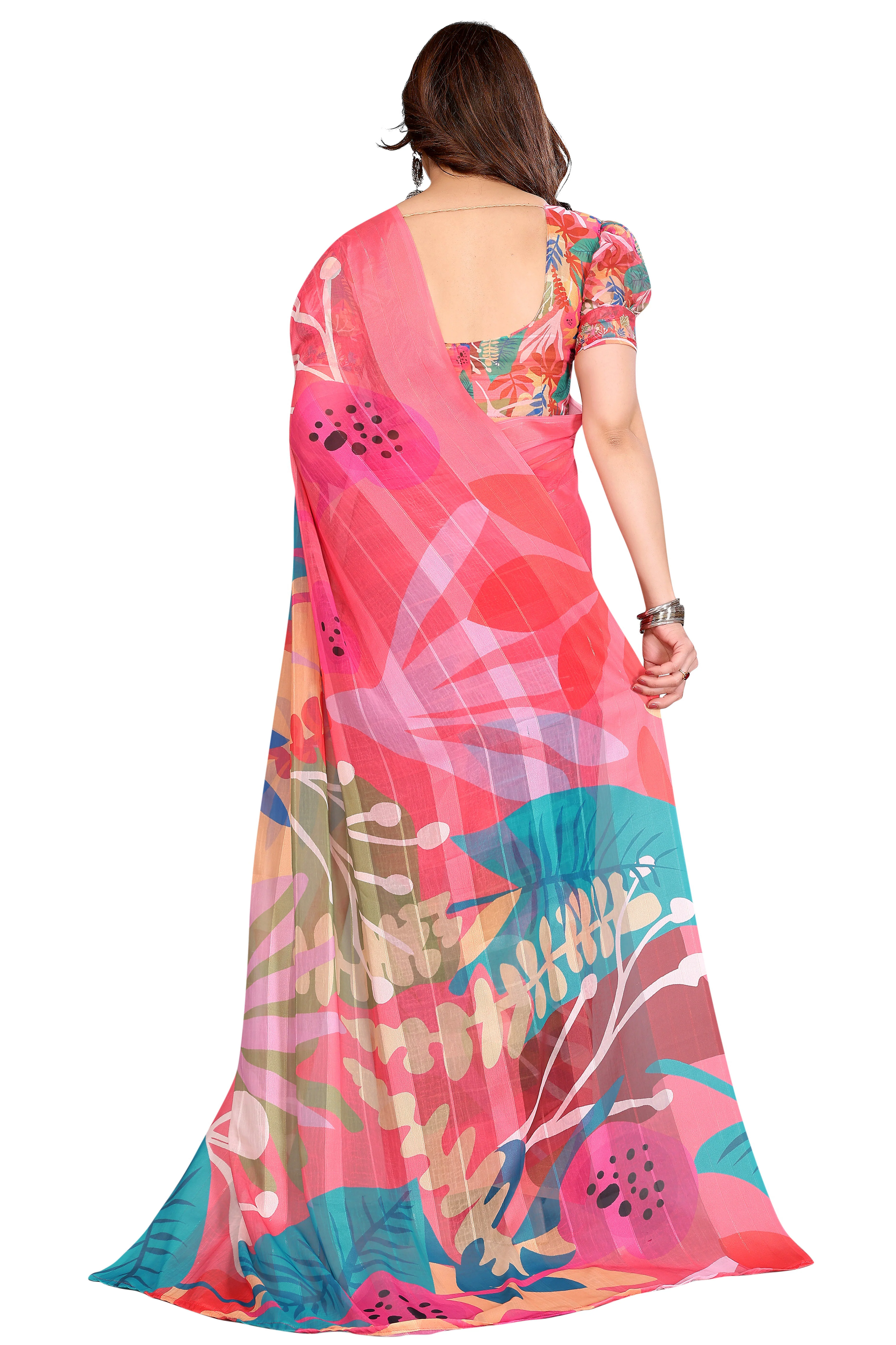 Graceful Gajari Pink Floral Digital Print Georgette Saree Featuring Zari Work & Vibrant Striped - Image 5