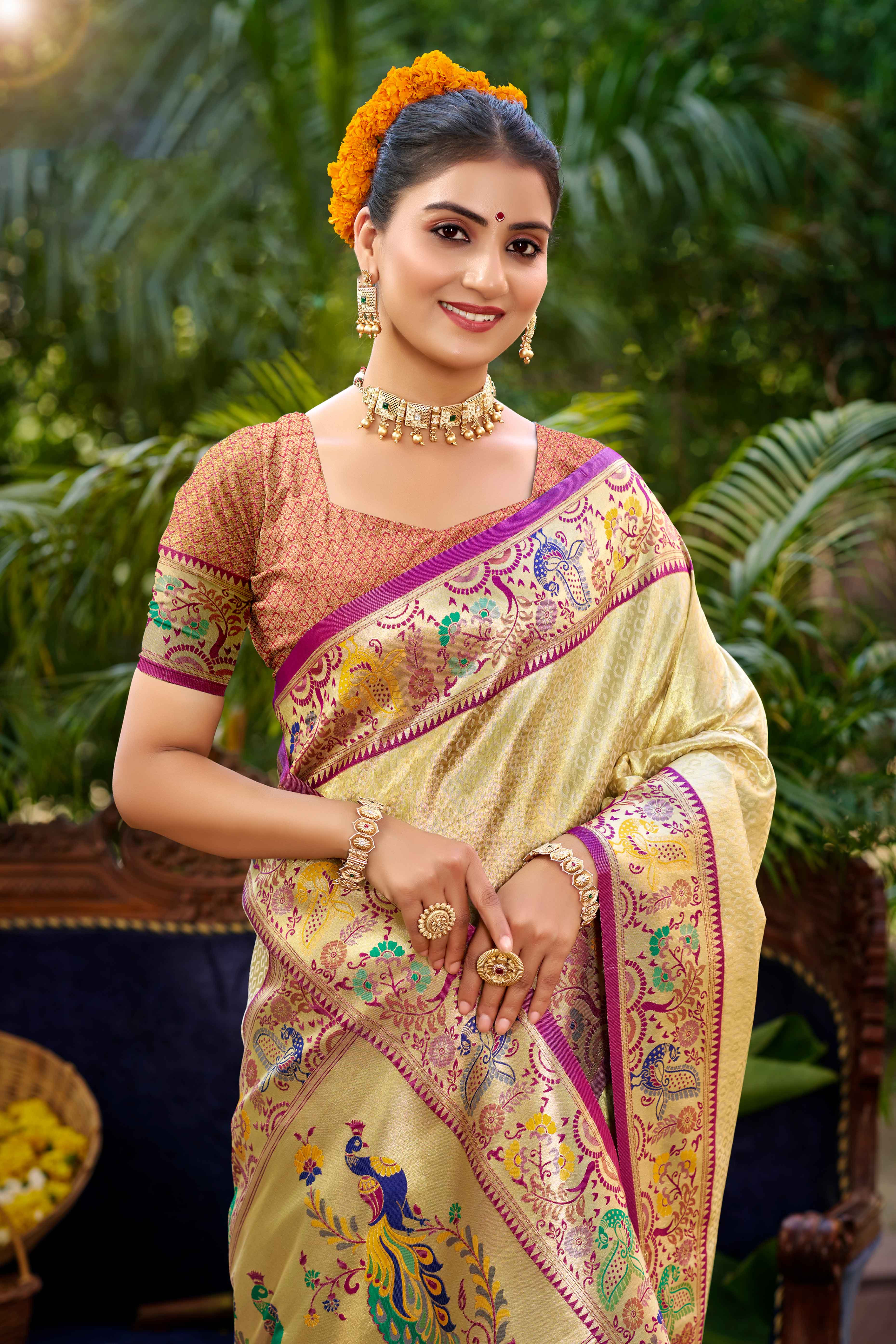 Graceful Golden Silk Blend Saree Adorned With Intricate Zari Weave & Peacock Motif Pallu - Image 3