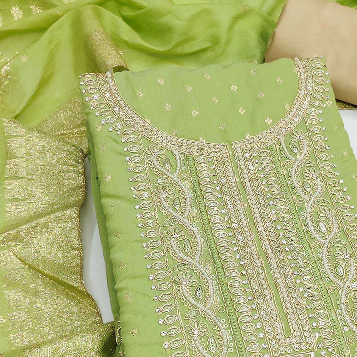 Graceful Green Cording Embroidery Chanderi Silk Banarasi Dress Material With Sequins & Moti Work - Image 2