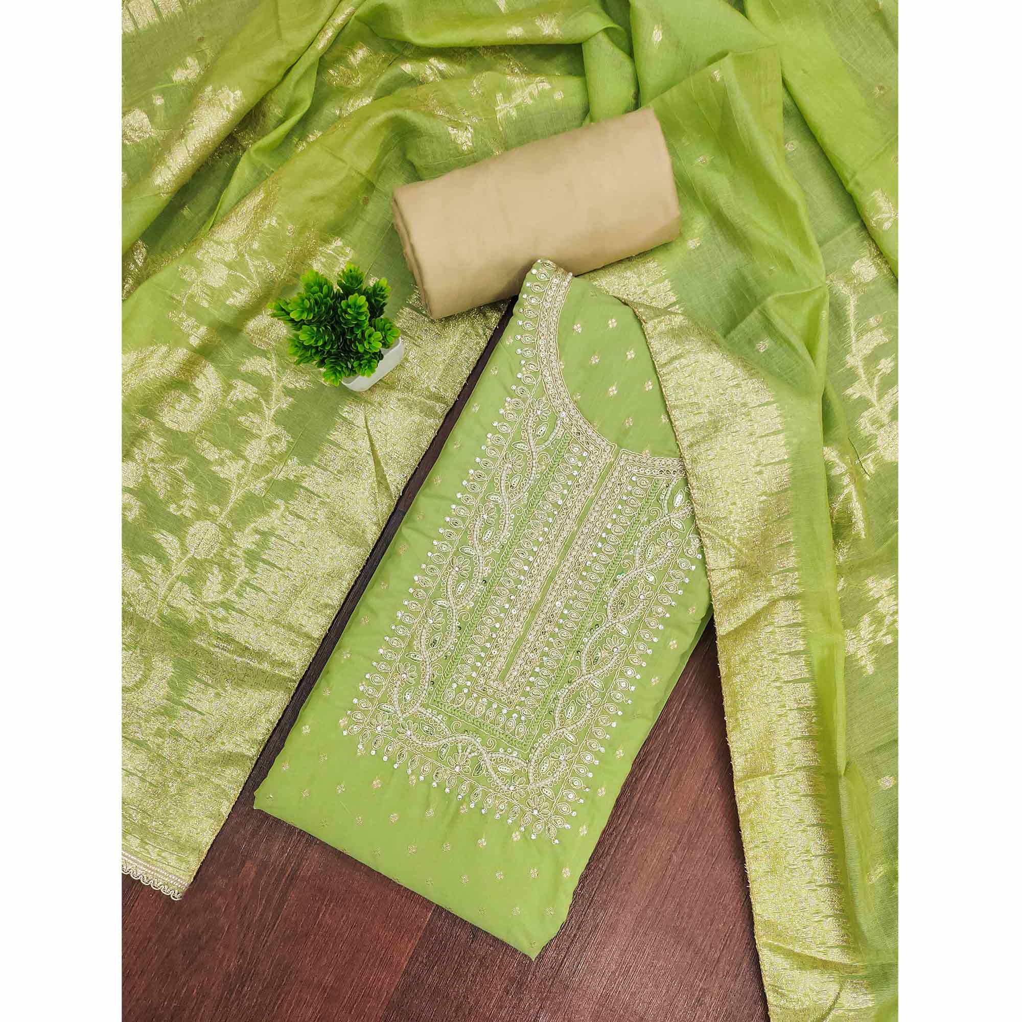 Graceful Green Cording Embroidery Chanderi Silk Banarasi Dress Material With Sequins & Moti Work - Image 3