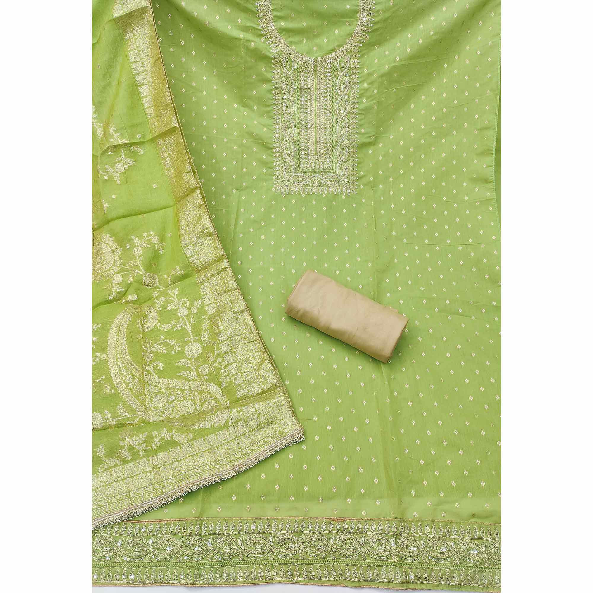 Graceful Green Cording Embroidery Chanderi Silk Banarasi Dress Material With Sequins & Moti Work - Image 4