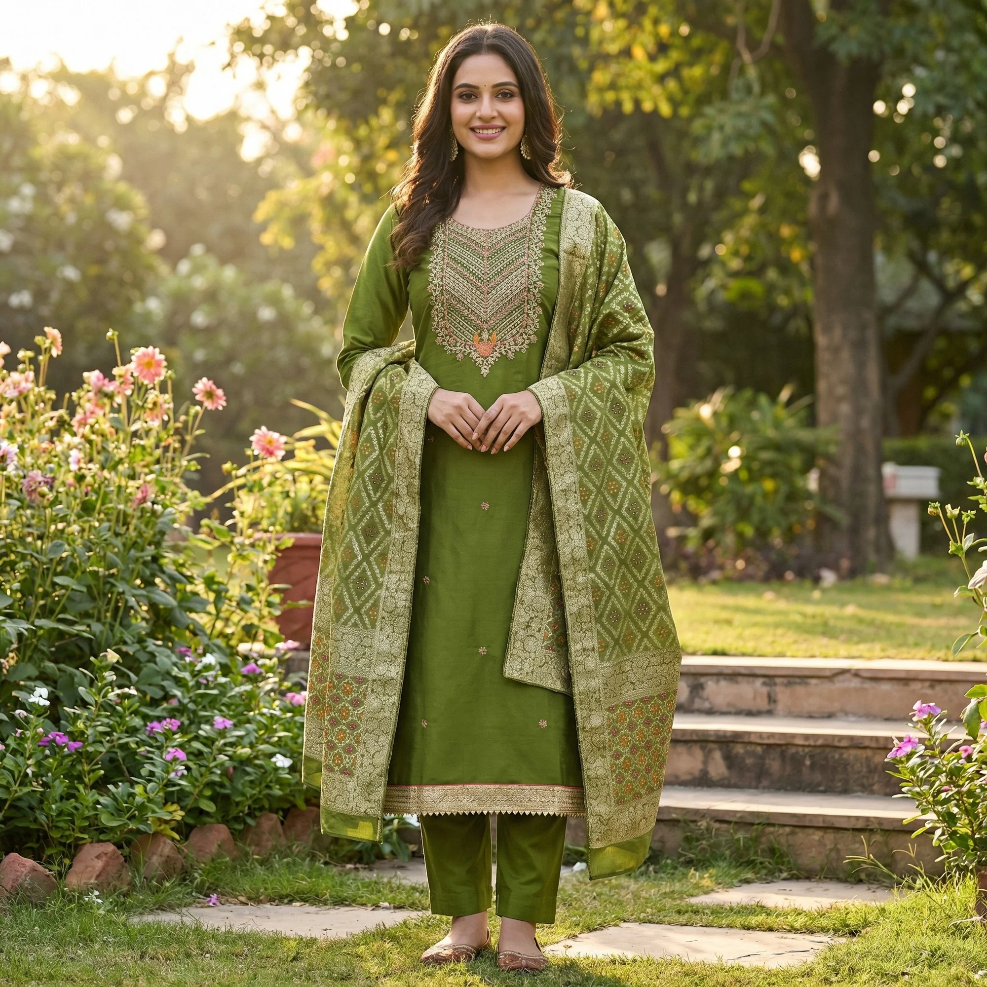 Graceful Green Cotton Silk Dress Material With Floral Cording Embroidery & Sparkling Sequins