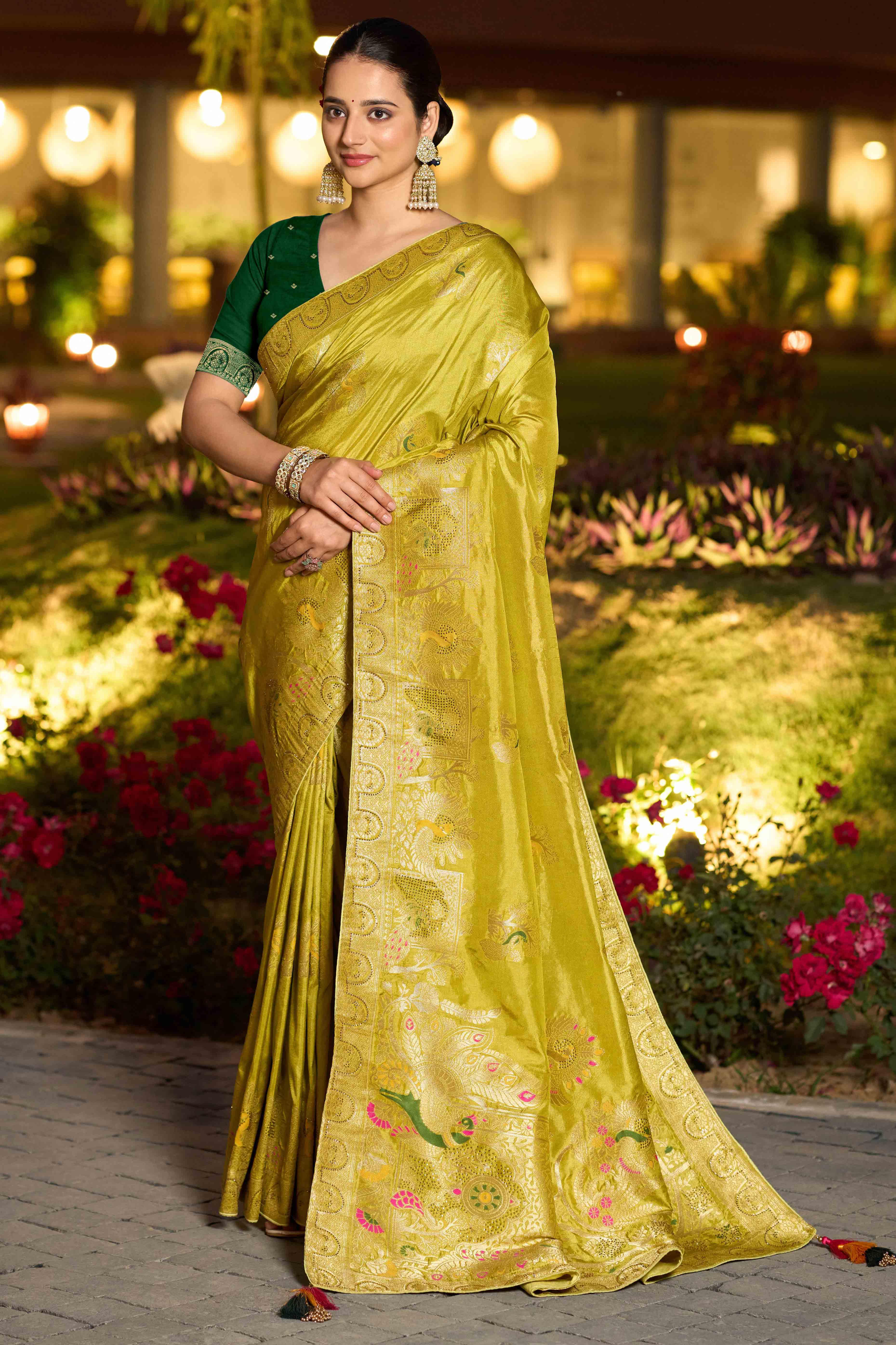 Graceful Green Dola Silk Saree With Intricate Zari Weaving & Sparkling Swarovski Accents - Image 3
