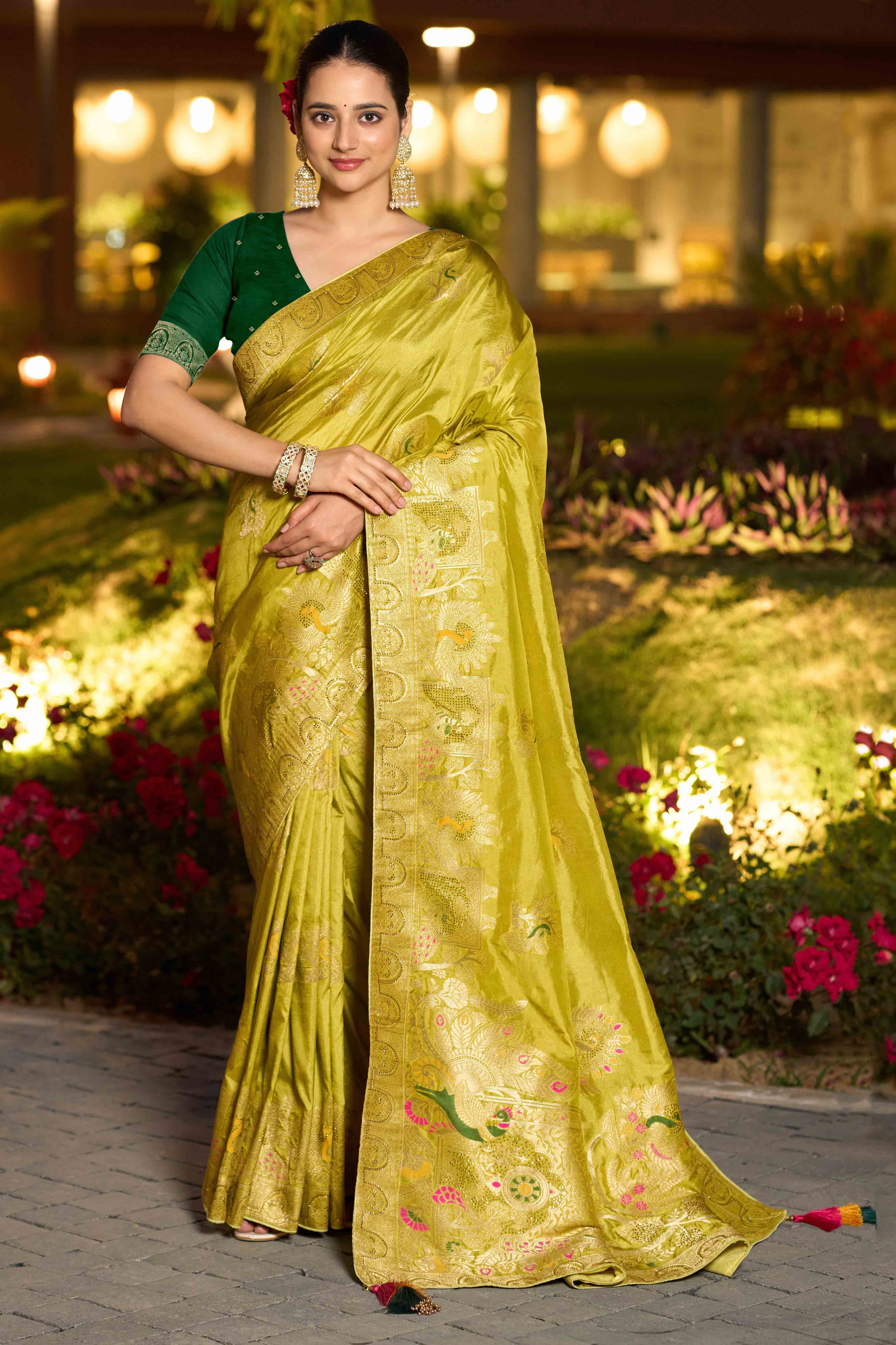 Graceful Green Dola Silk Saree With Intricate Zari Weaving & Sparkling Swarovski Accents - Image 4