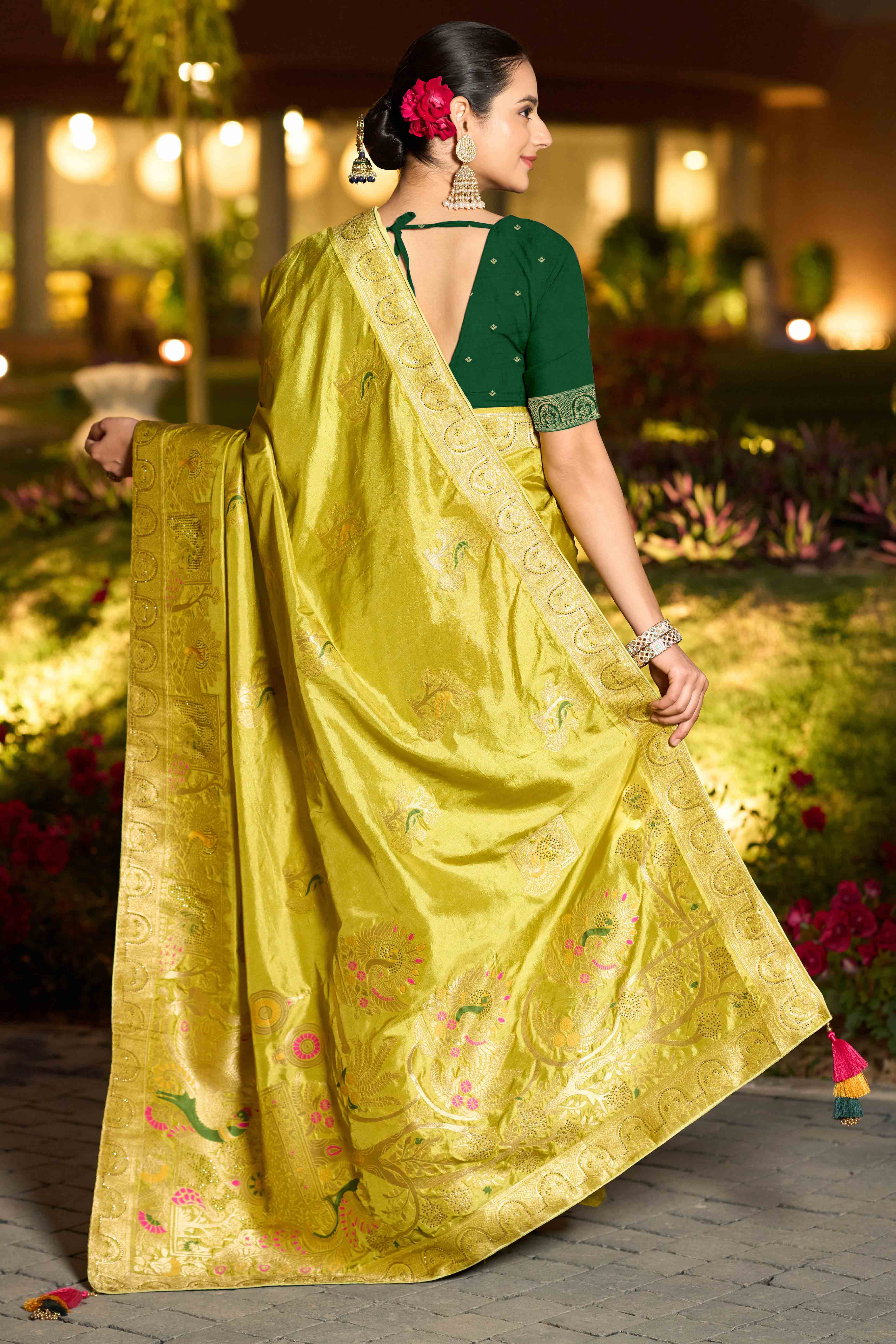 Graceful Green Dola Silk Saree With Intricate Zari Weaving & Sparkling Swarovski Accents - Image 5