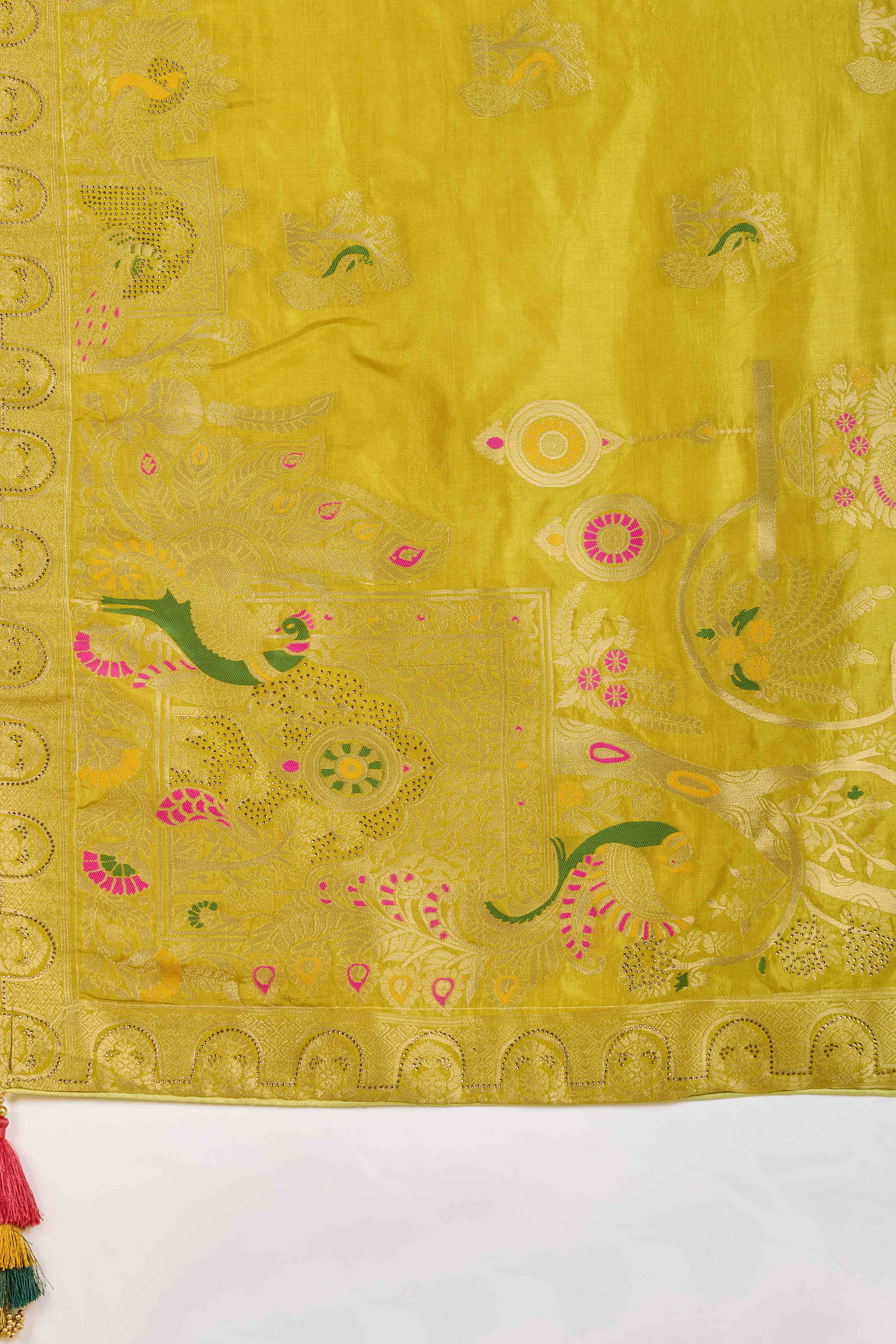 Graceful Green Dola Silk Saree With Intricate Zari Weaving & Sparkling Swarovski Accents - Image 6