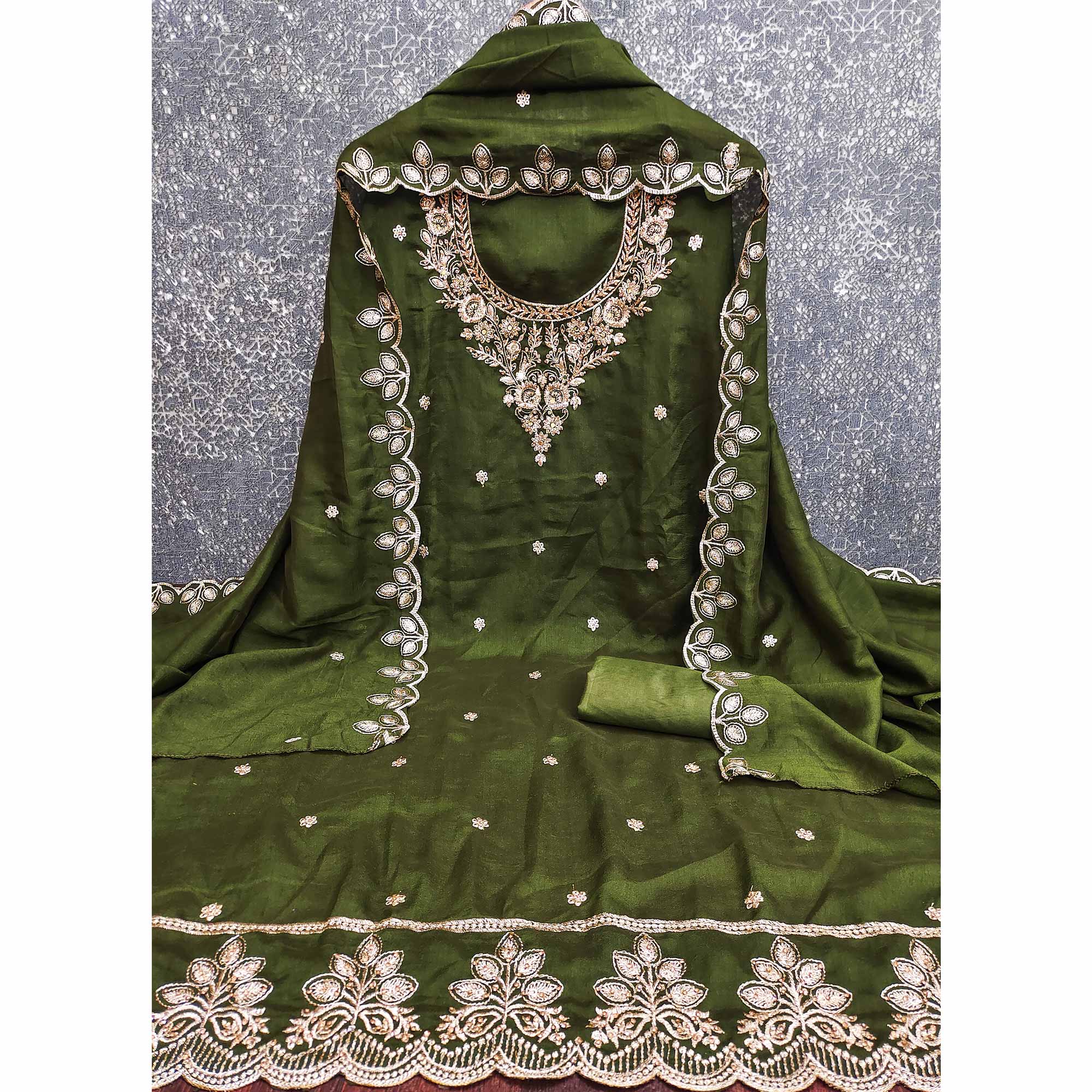 Graceful Green Floral Embroidered Vichitra Silk Dress Material Enhanced With Diamond Work - Image 3