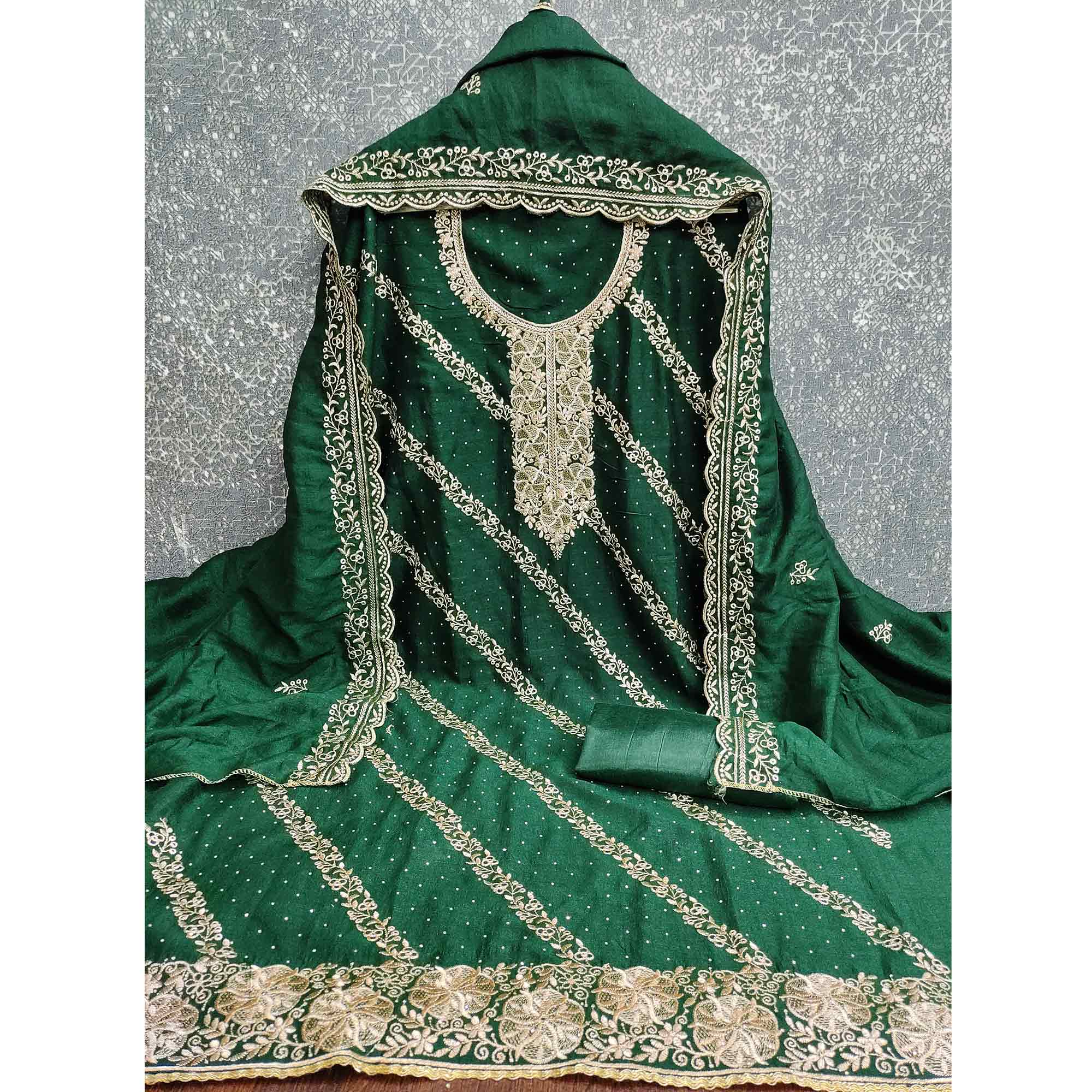 Graceful Green Floral Embroidered Vichitra Silk Dress Material Enhanced With Sparkling Swarovski - Image 5