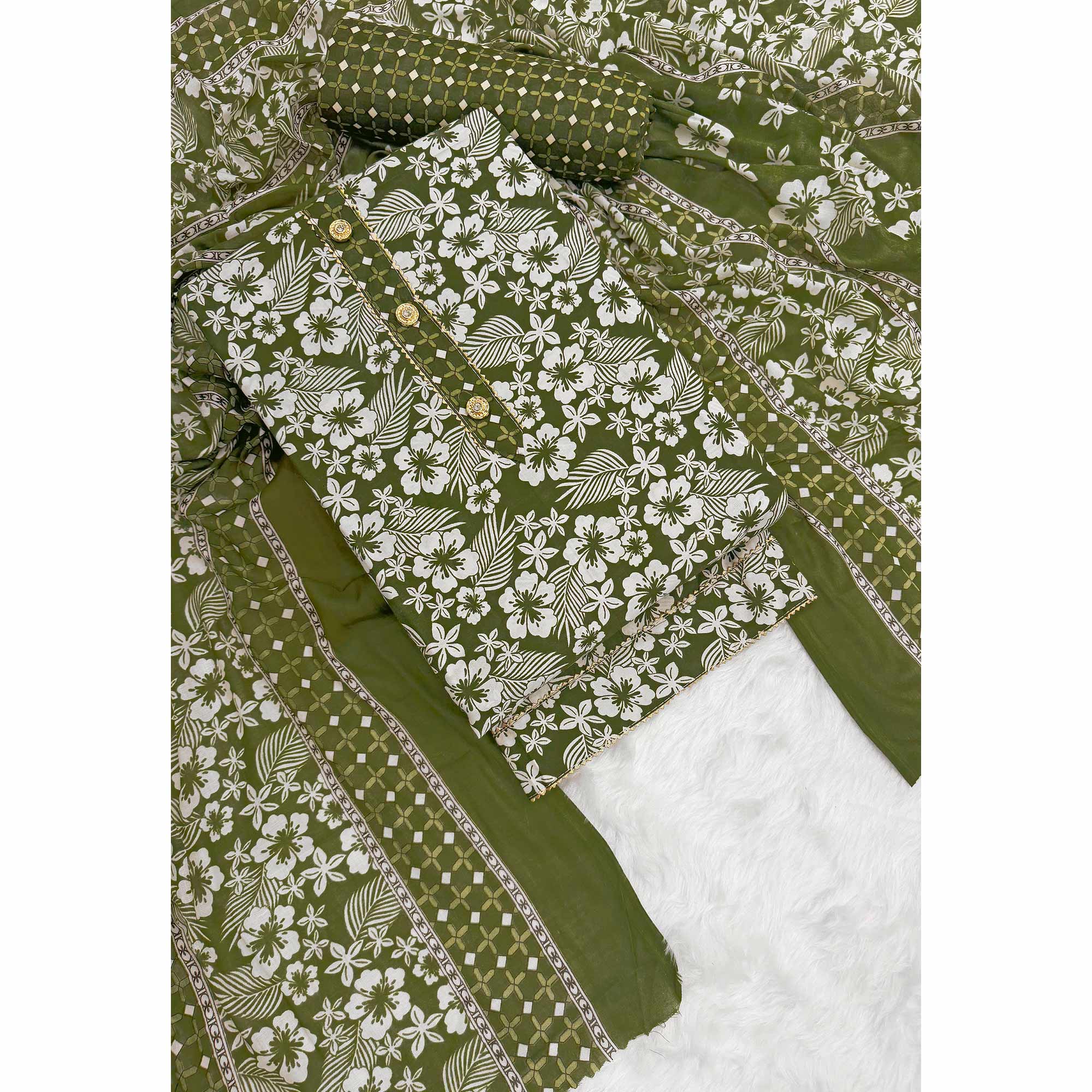 Graceful Green Floral Printed Cotton Blend Dress Material With Lace Border - Image 3