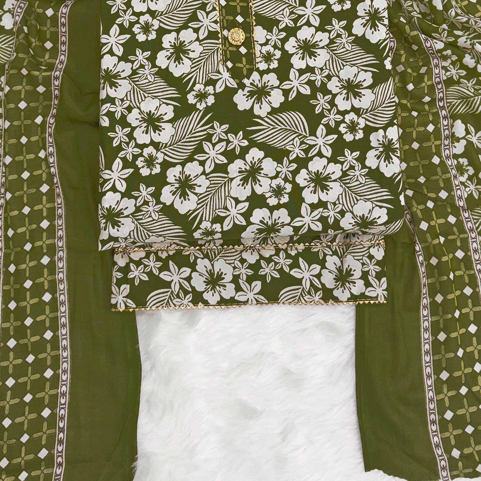 Graceful Green Floral Printed Cotton Blend Dress Material With Lace Border - Image 4