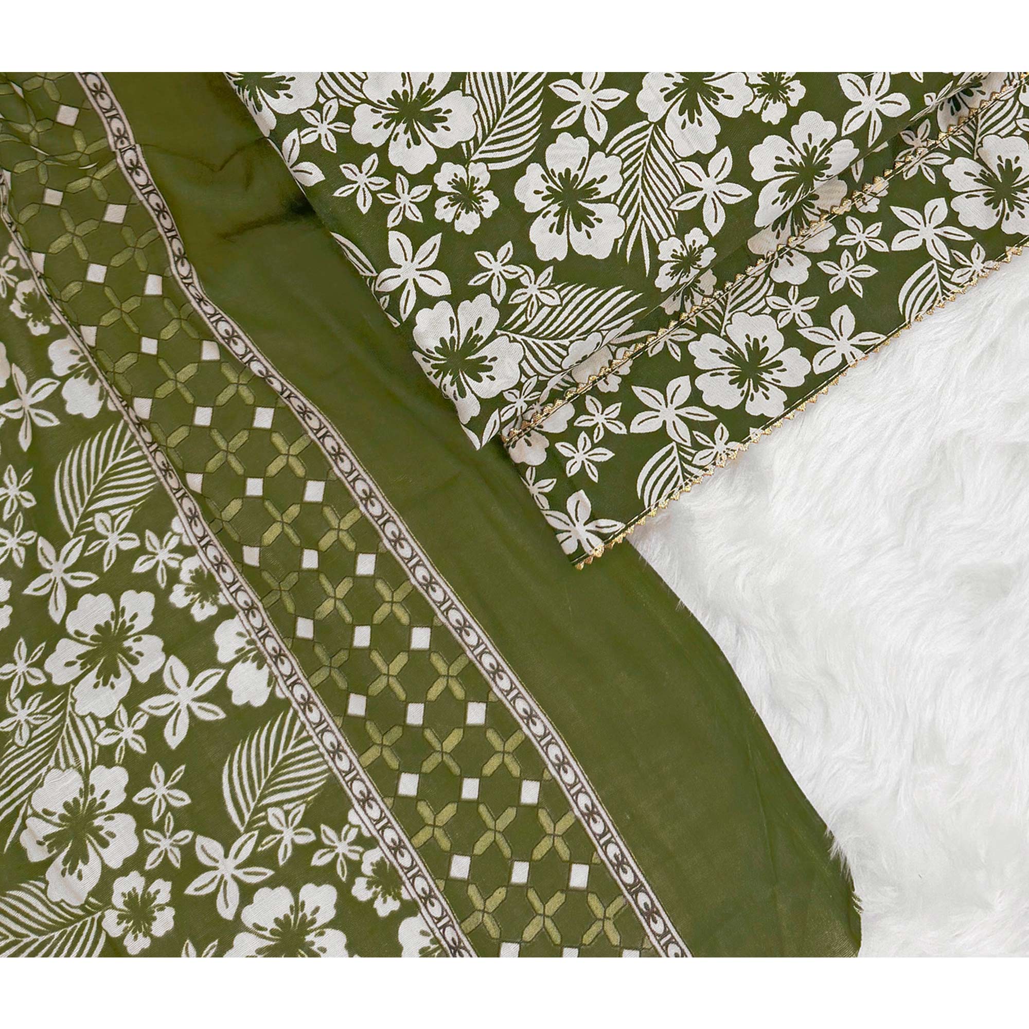 Graceful Green Floral Printed Cotton Blend Dress Material With Lace Border - Image 5