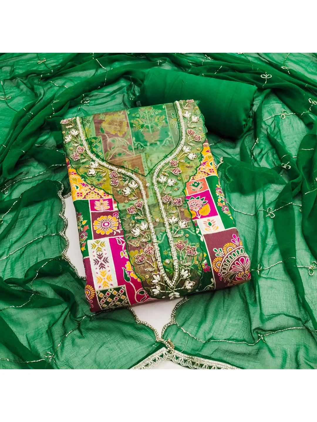 Graceful Green Floral Weaving Viscose Banarasi Dress Material Adorned With Moti & Sequins Work - Image 2