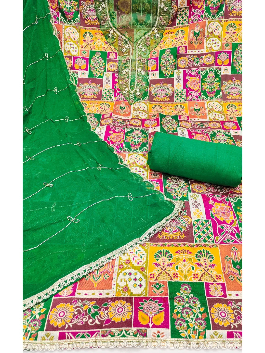 Graceful Green Floral Weaving Viscose Banarasi Dress Material Adorned With Moti & Sequins Work - Image 3
