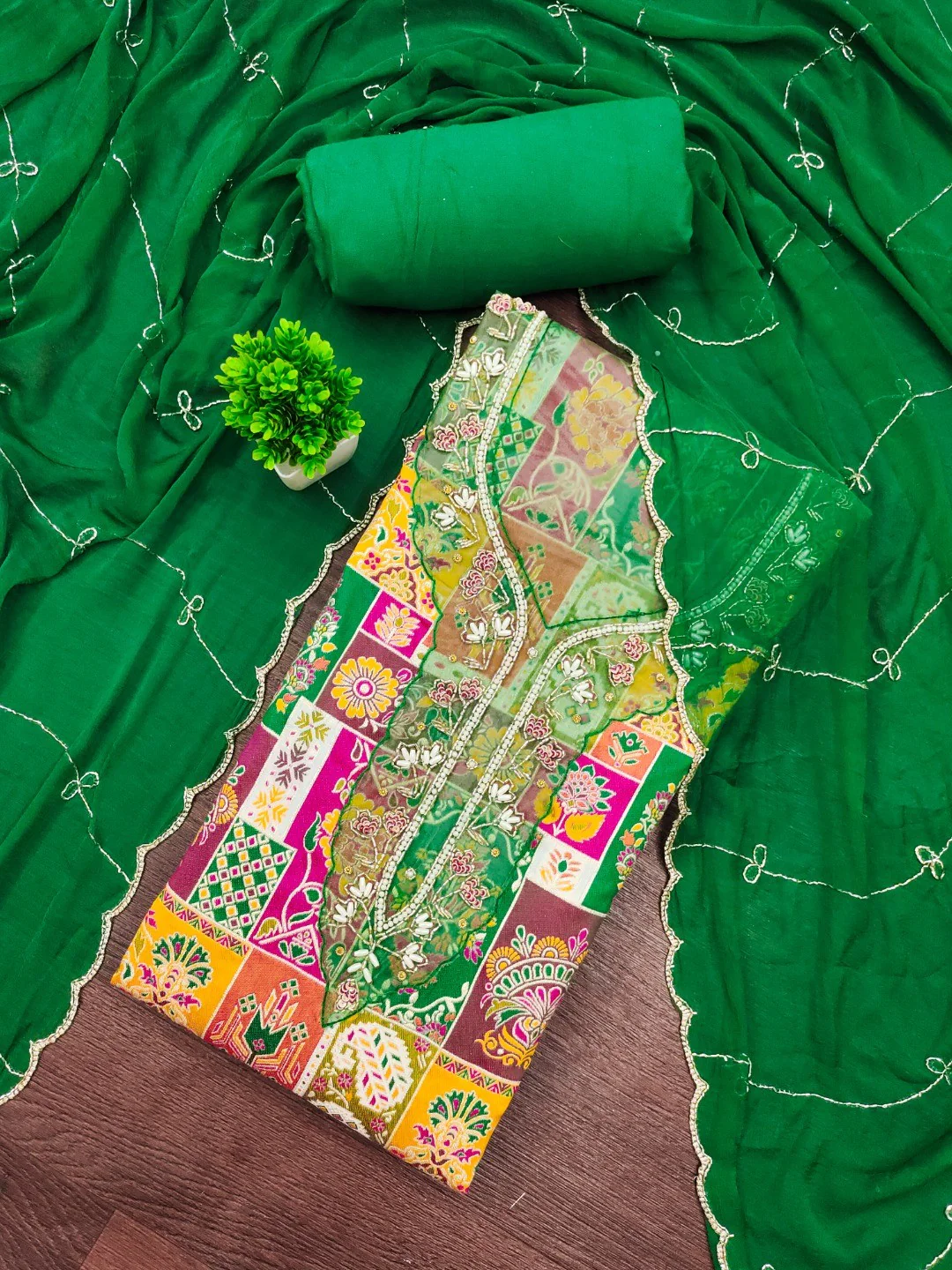 Graceful Green Floral Weaving Viscose Banarasi Dress Material Adorned With Moti & Sequins Work - Image 4