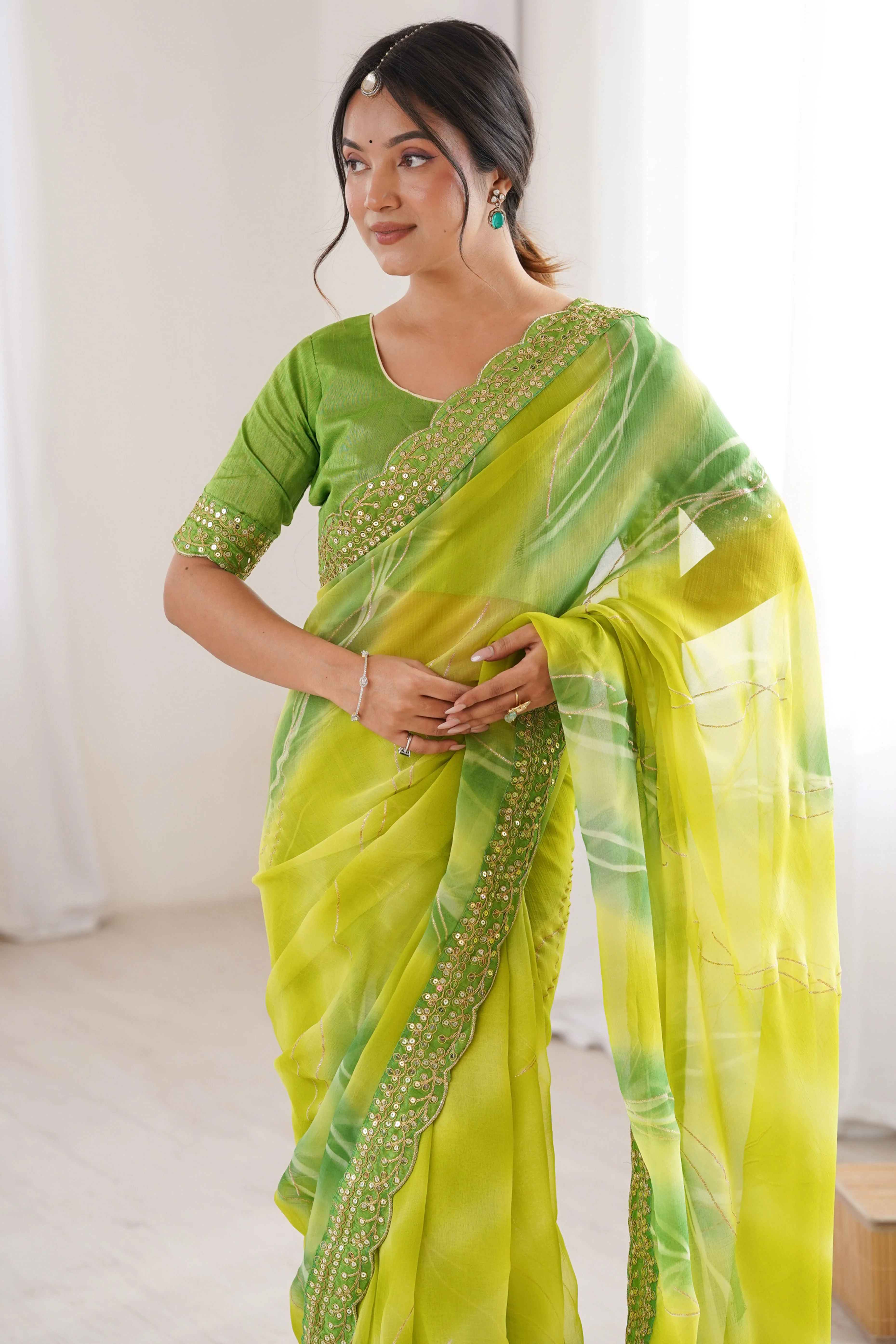 Graceful Green Foil Print Georgette Saree Featuring A Luxurious Cording Sequins Embroidered Border - Image 8