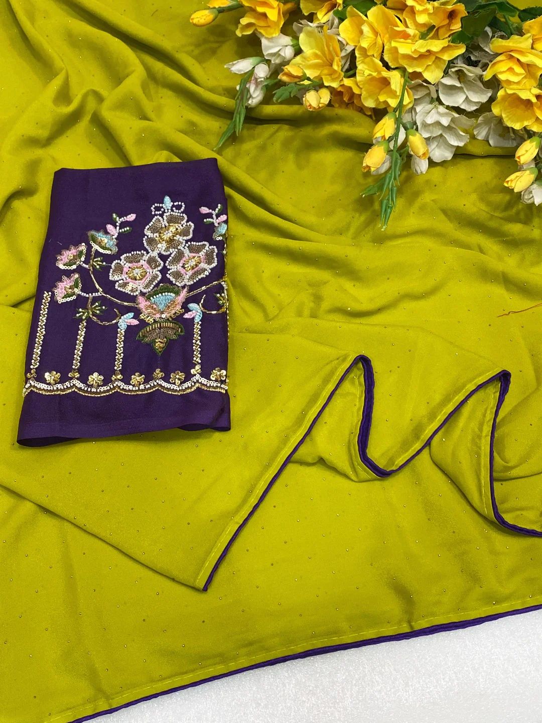 Graceful Green Georgette Saree Accented With Shimmering Swarovski Work & Artful Tassel Pallu - Image 3
